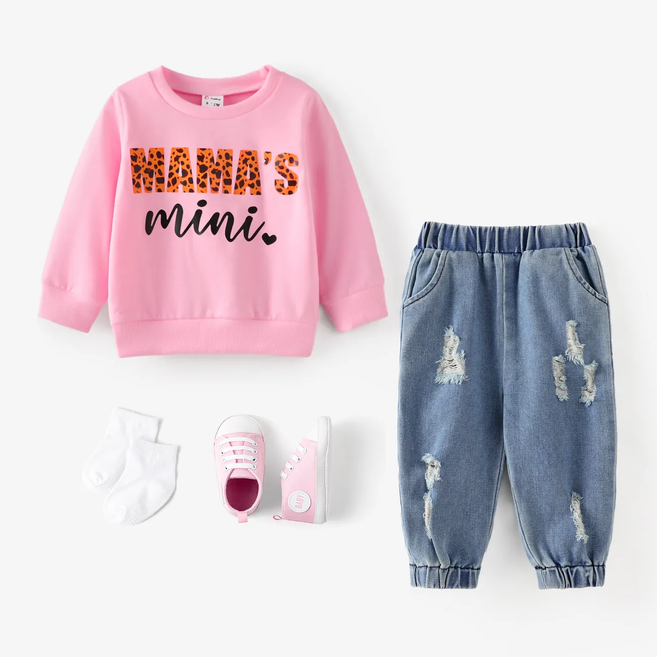2PCS Baby Girl Casual Distressed Feature Letter Pattern Long Sleeve Denim Sets
 Pink big image 1
