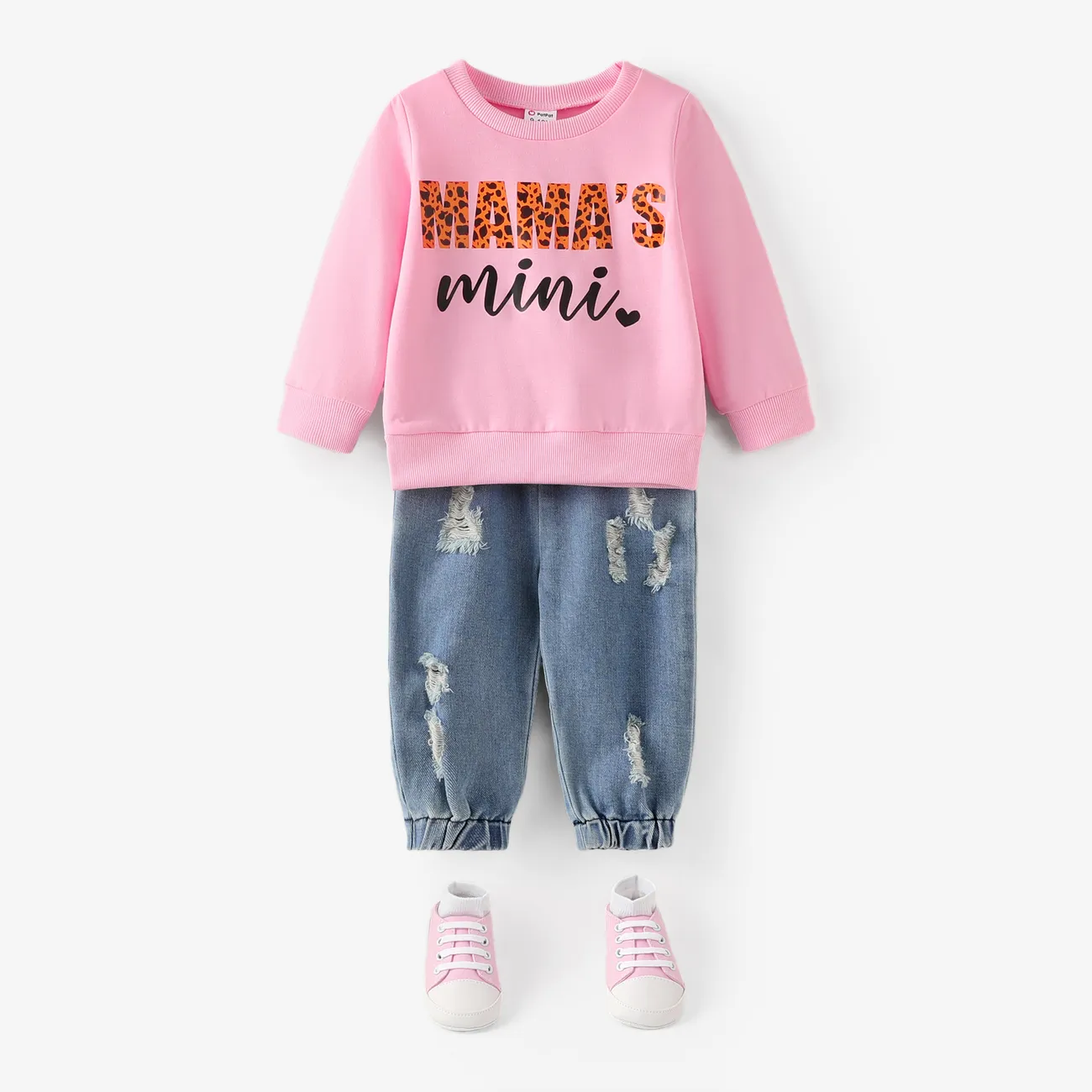 2PCS Baby Girl Casual Distressed Feature Letter Pattern Long Sleeve Denim Sets
 Pink big image 1