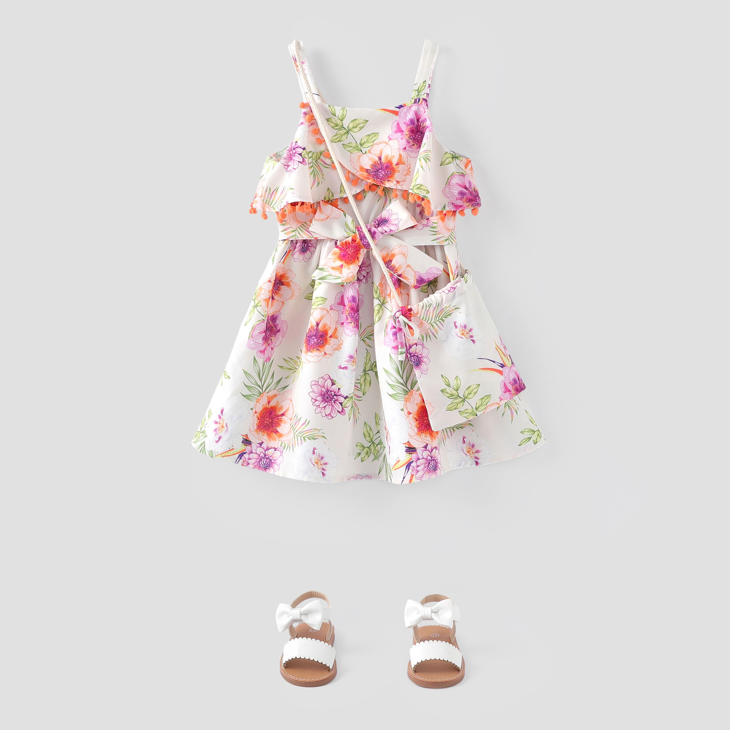 Toddler Girl 2pcs Floral Pattern Ruffled Canmi Dress And Bag Set/ Sandals