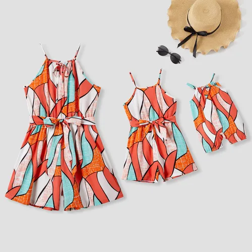 Mommy and Me Geometrical Pattern Belted Strap Romper