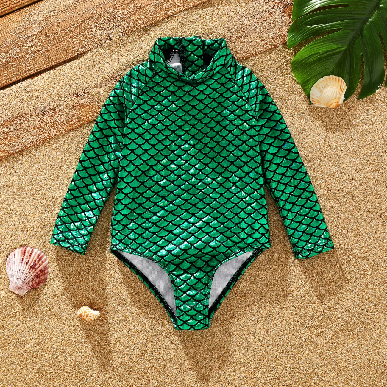 Toddler Girl's Marine Element Stand Collar Tight One-Piece Swimsuit Green big image 1