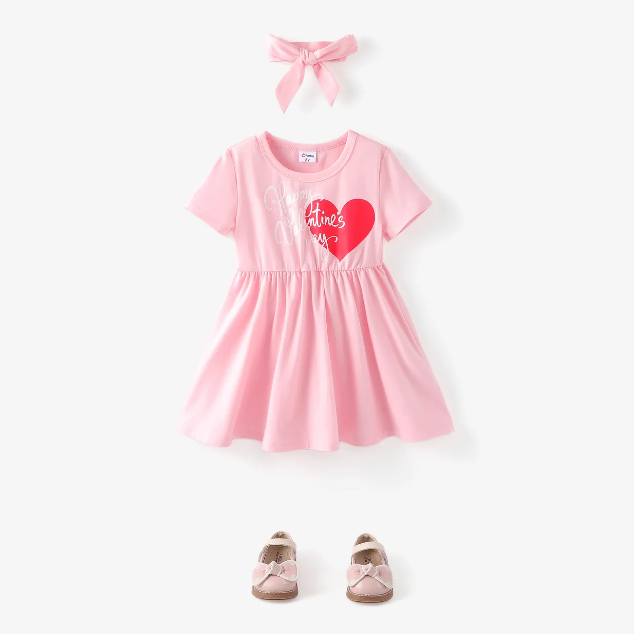 Toddler Girl Valentine's Day 2pcs Heart-shaped Dress with Headband Pink big image 1