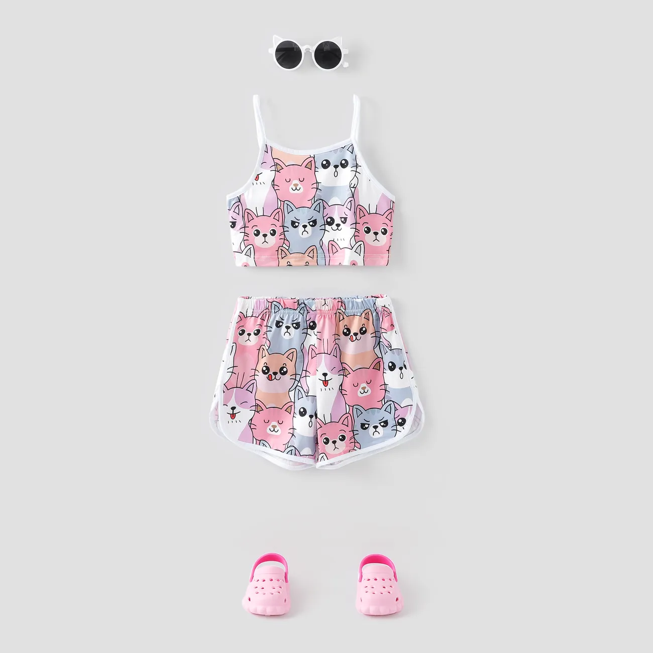 Kid Girl Cute Cat Print Camisole and Shorts Set Pink big image 1