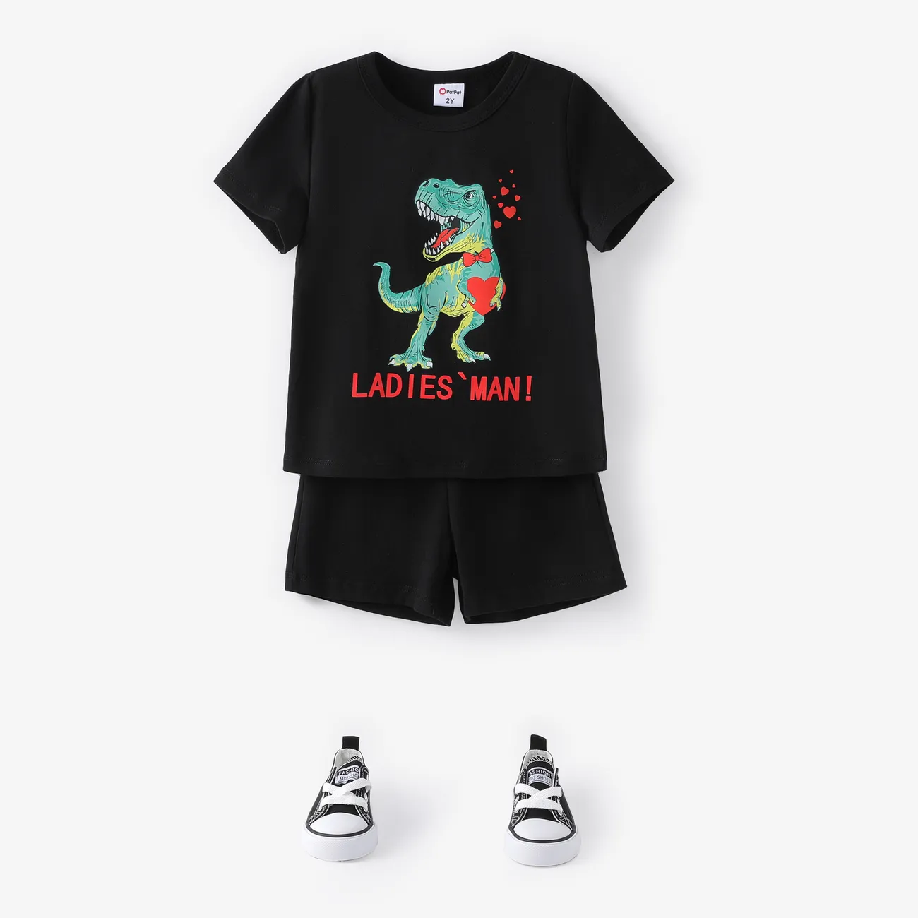 Toddler Boy Valentine's Day 2pcs Dinosaur Print Tee and shorts Set/Canvas Shoes Black big image 1