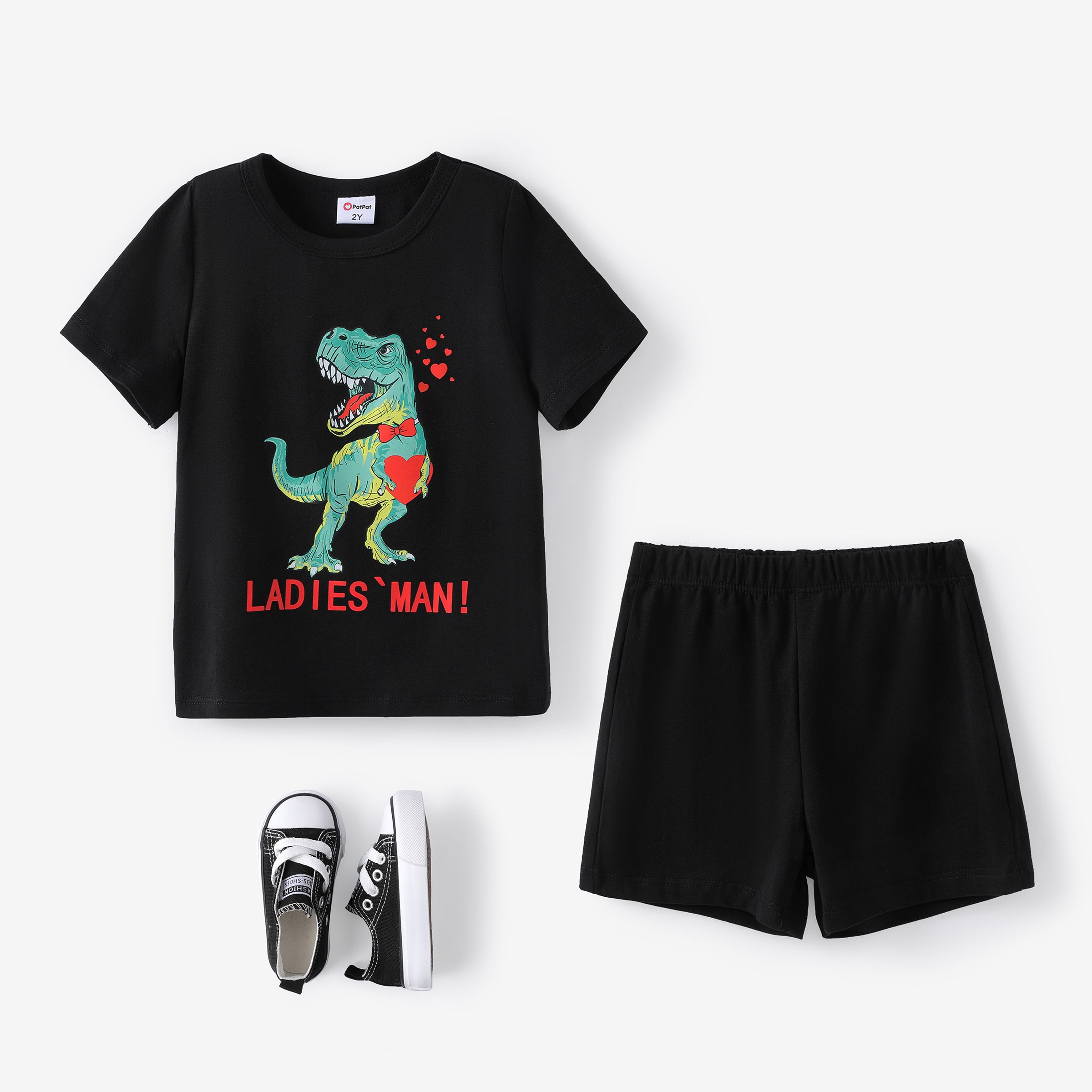 Toddler Boy Valentine's Day 2pcs Dinosaur Print Tee And Shorts Set/Canvas Shoes