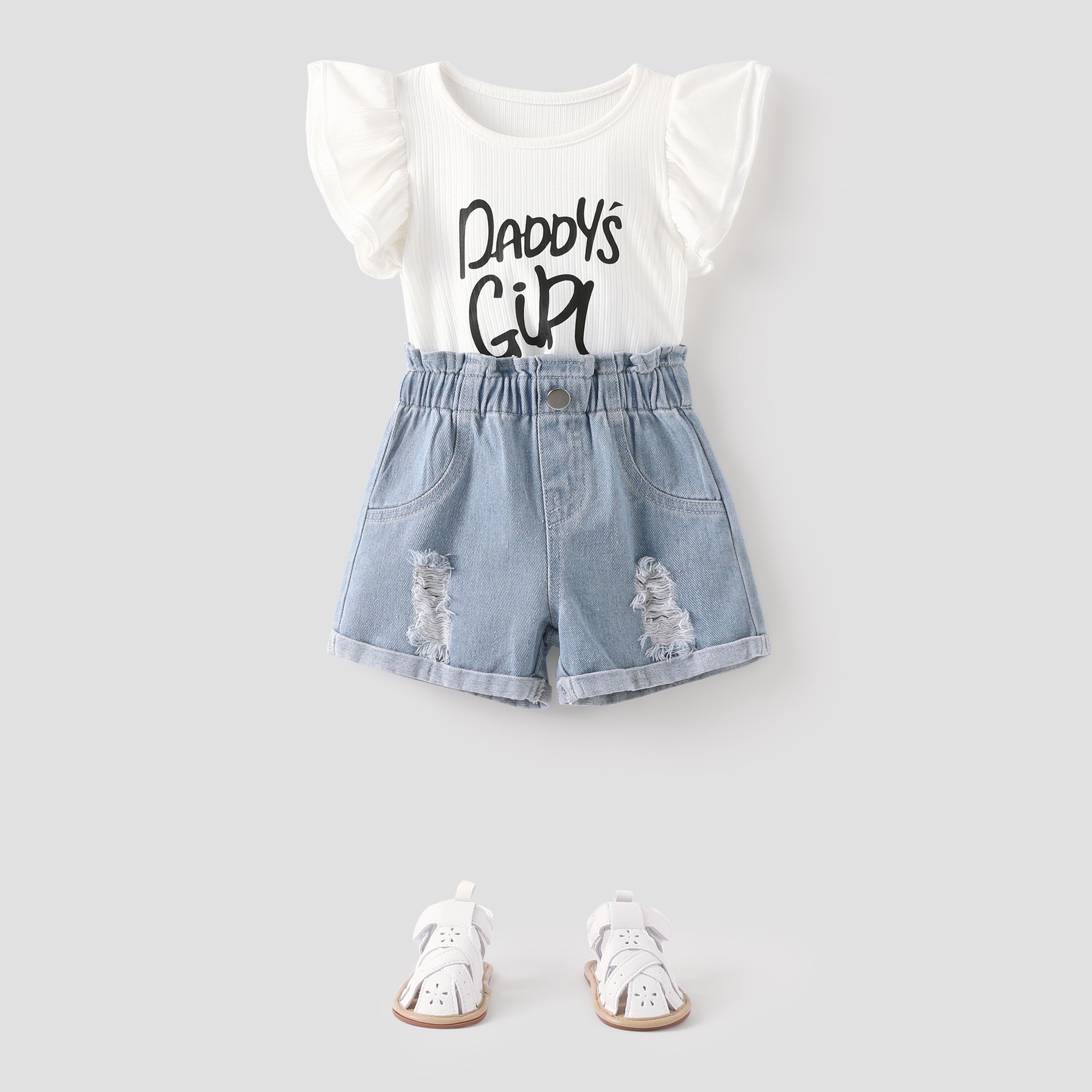 2pcs Baby Girl Letter Print Flutter-sleeve Top and Ripped Denim Shorts Set