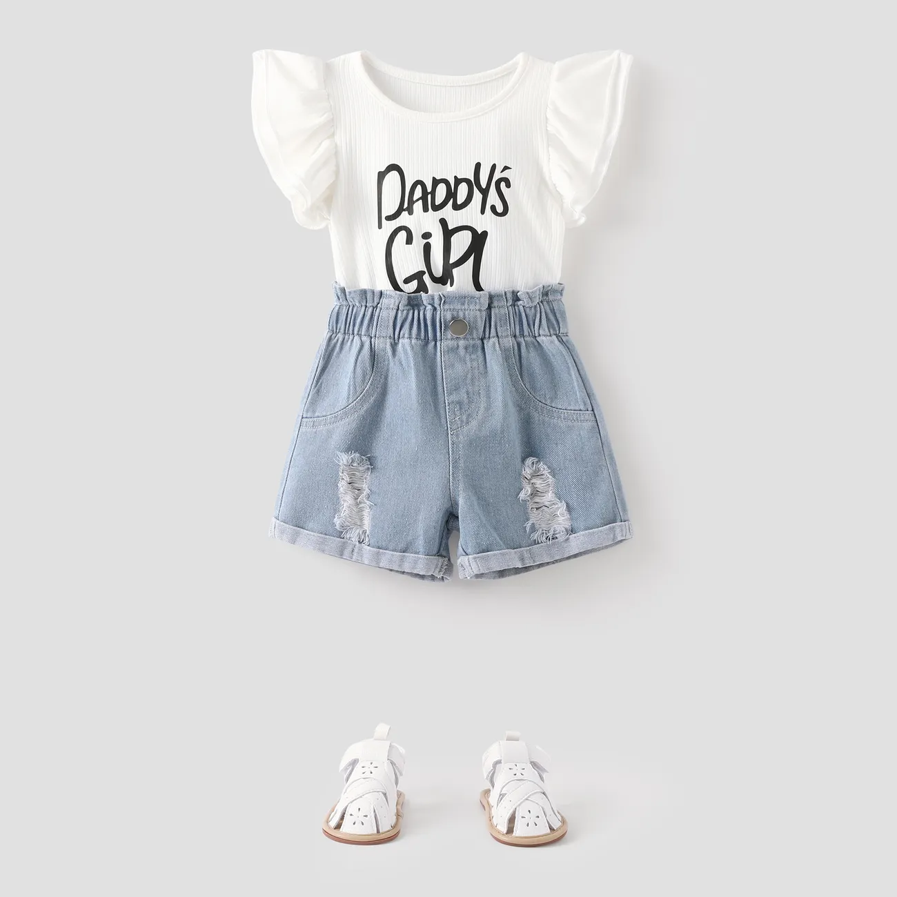 2pcs Baby Girl Letter Print Flutter-sleeve Top and Ripped Denim Shorts Set Blue big image 1