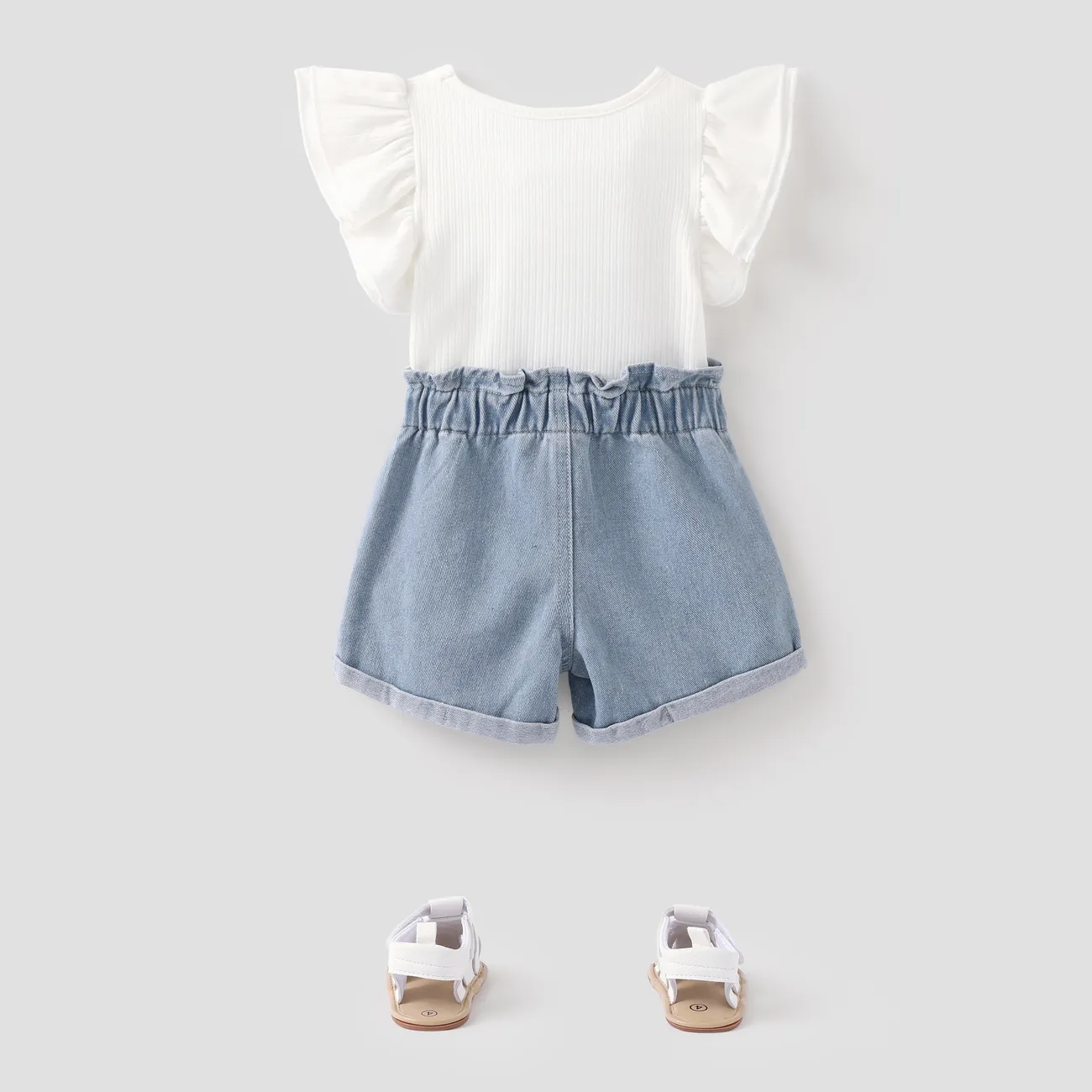 2pcs Baby Girl Letter Print Flutter-sleeve Top and Ripped Denim Shorts Set Blue big image 1