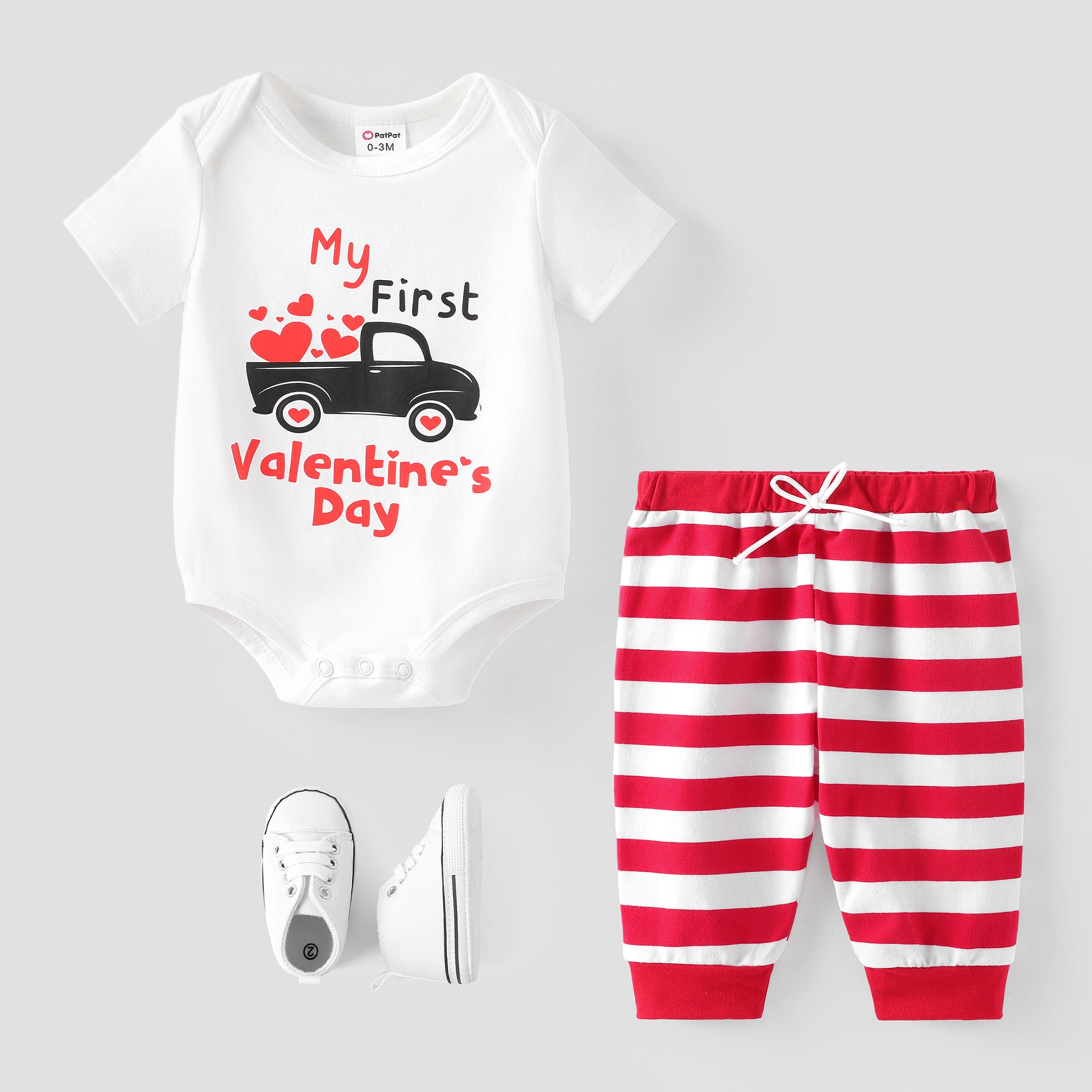 Baby Boy/Girl Valentine's Day 2pcs Letter Print Romper And Stripe Pants Set