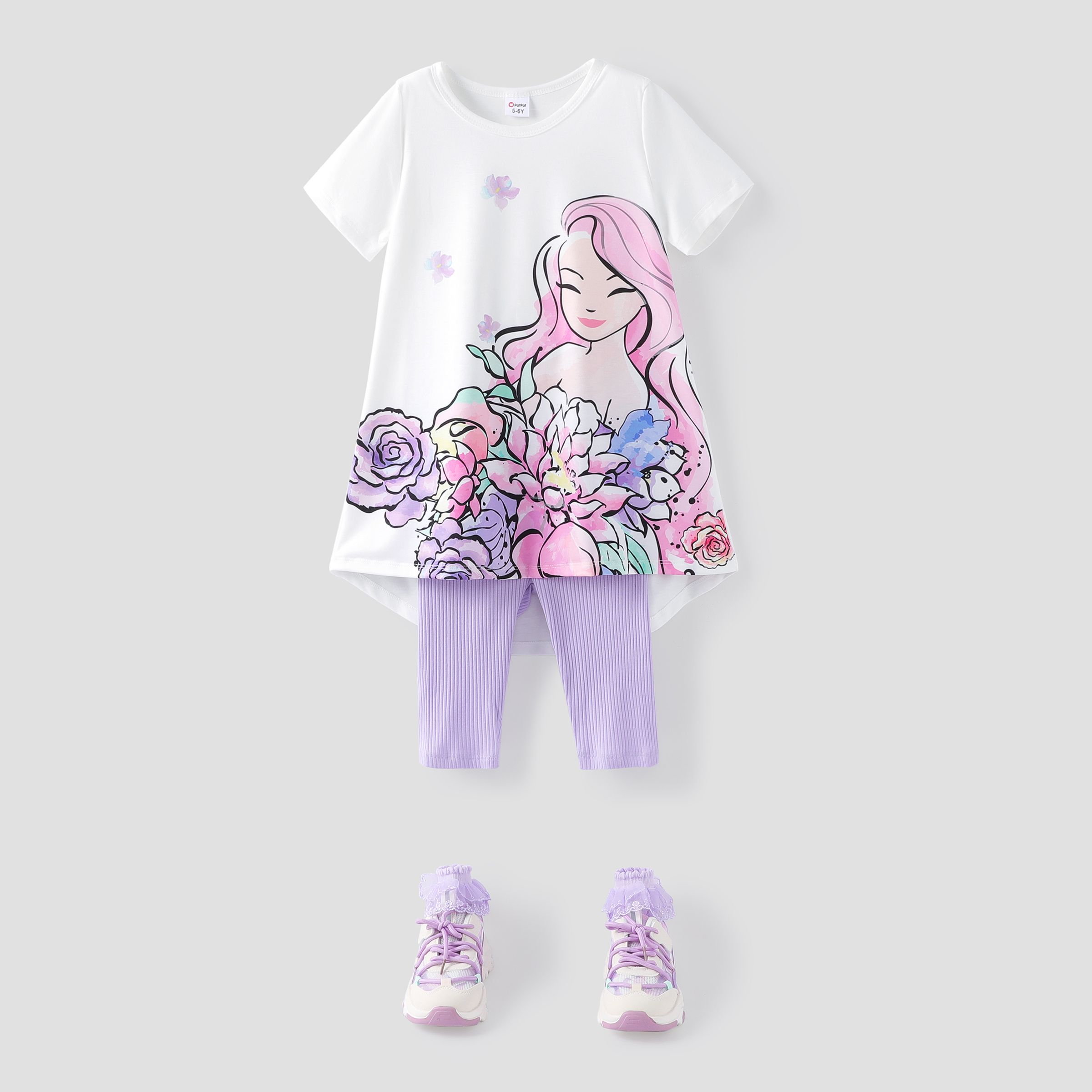 Kid Girl 2pcs Character Pattern Tee And Leggings Set/ Mesh Socks/ Sports Shoes