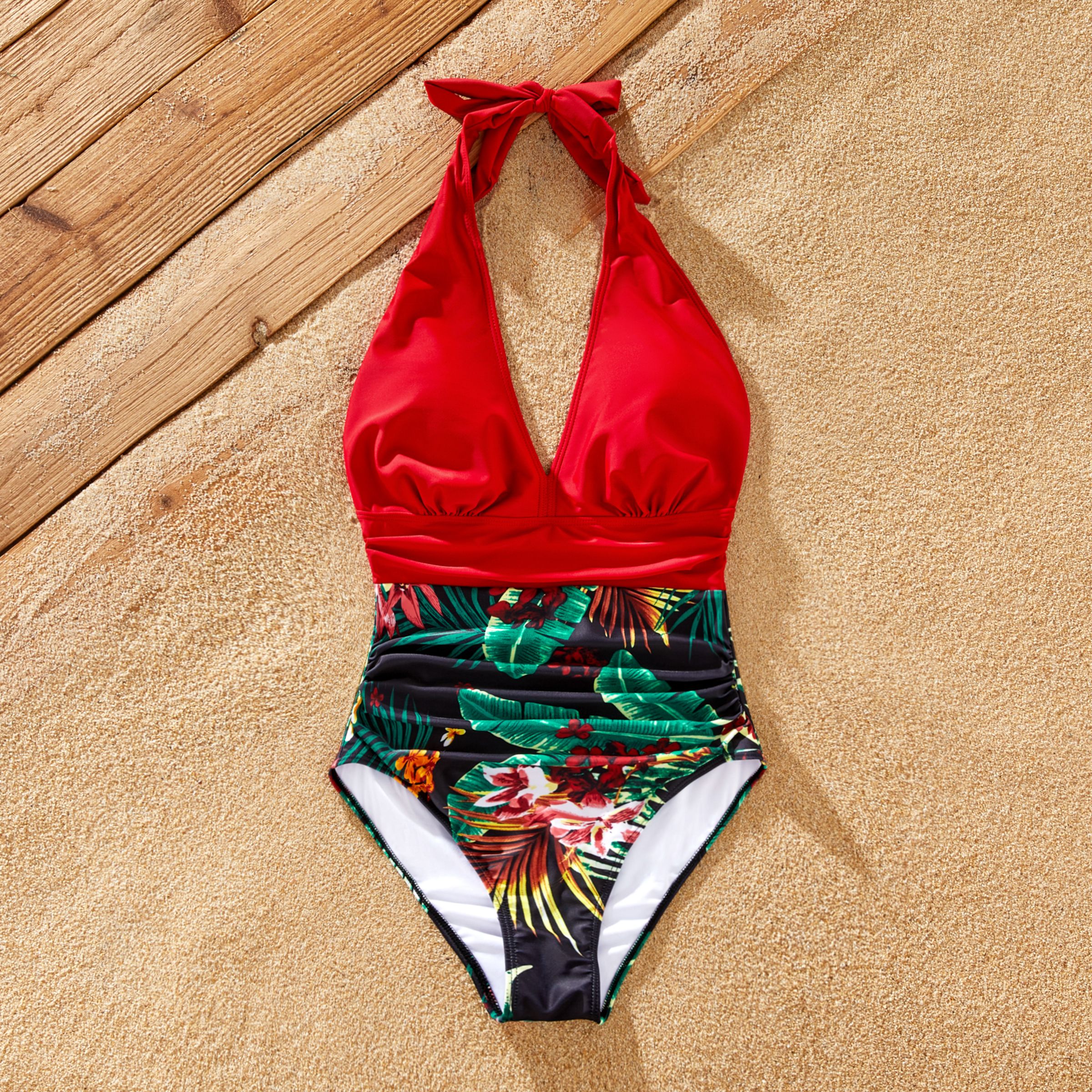 Family Matching Floral Drawstring Swim Trunks Or Red Halter Top Spliced Swimsuit