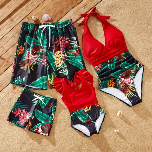 Family Matching Floral Drawstring Swim Trunks or Red Halter Top Spliced Swimsuit