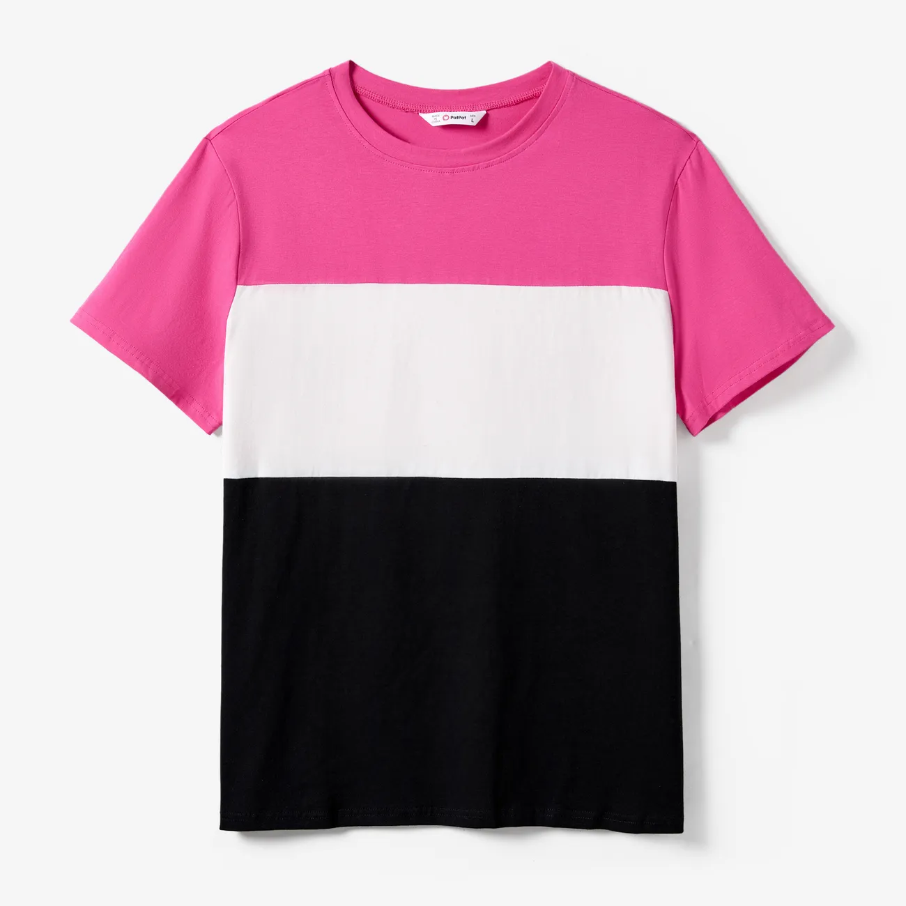 Family Matching Colorblock T-shirt and Hot Pink Button Neck-Tie Strap Dress Sets Roseo big image 1