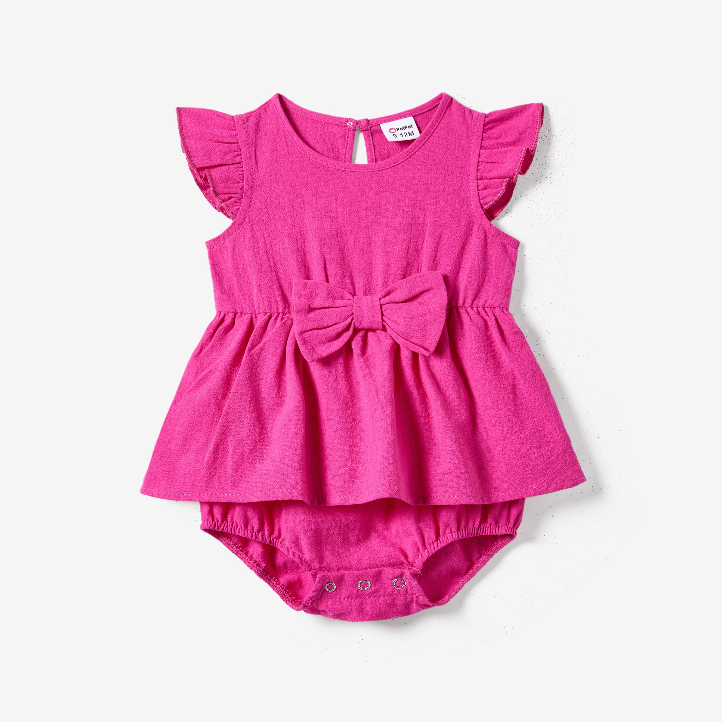 Family Matching Colorblock T-shirt And Hot Pink Button Neck-Tie Strap Dress Sets