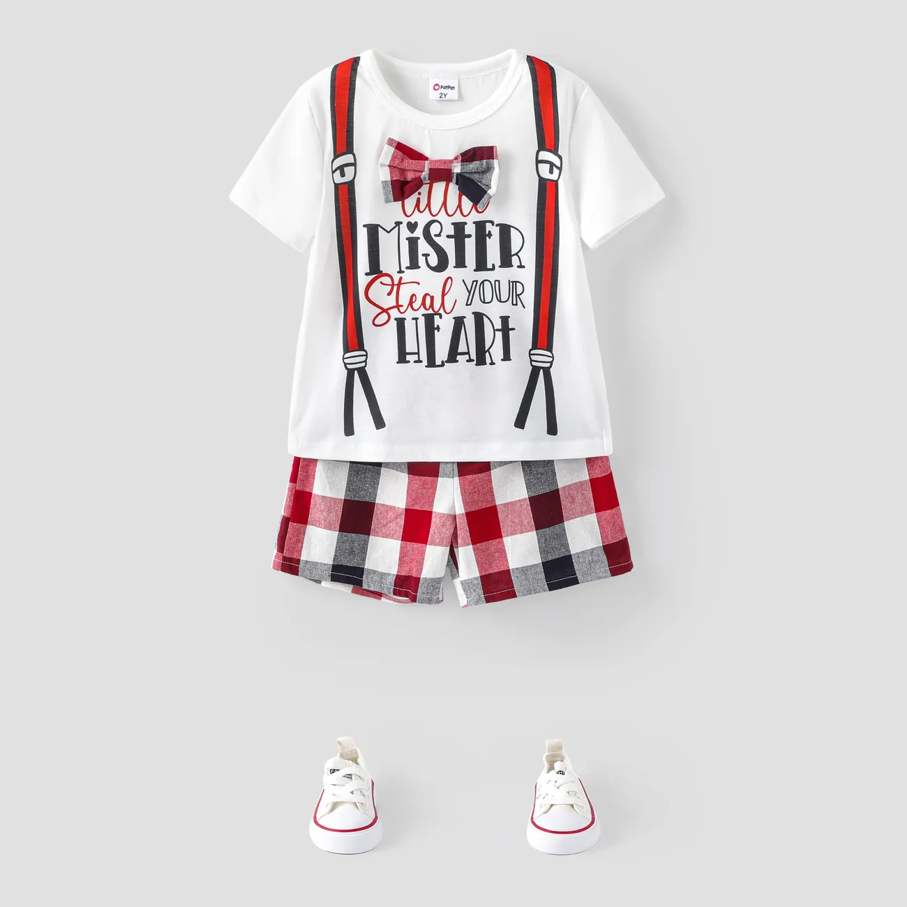 Toddler Boy Valentine's Day 2pcs Letter Print Bowknot Tee and Plaid Shorts Set White big image 1