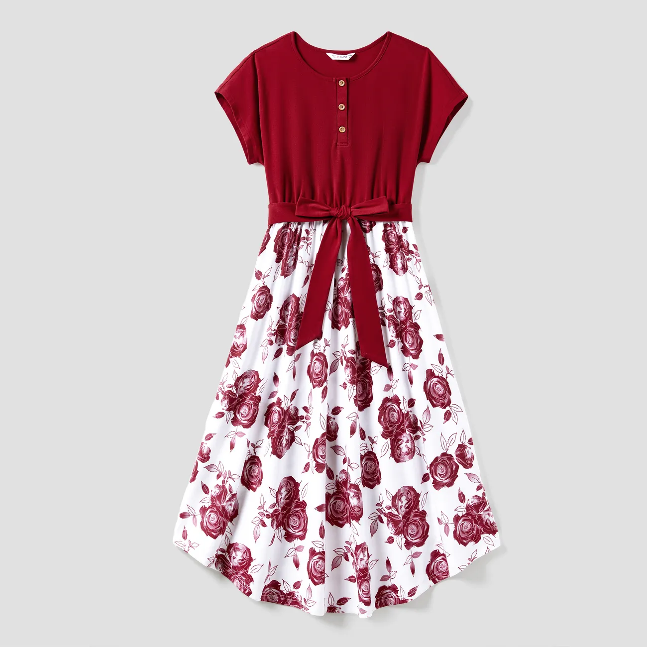 Family Matching Color Block Tee and Button Belted Spliced A-Line Dress Sets Burgundy big image 1