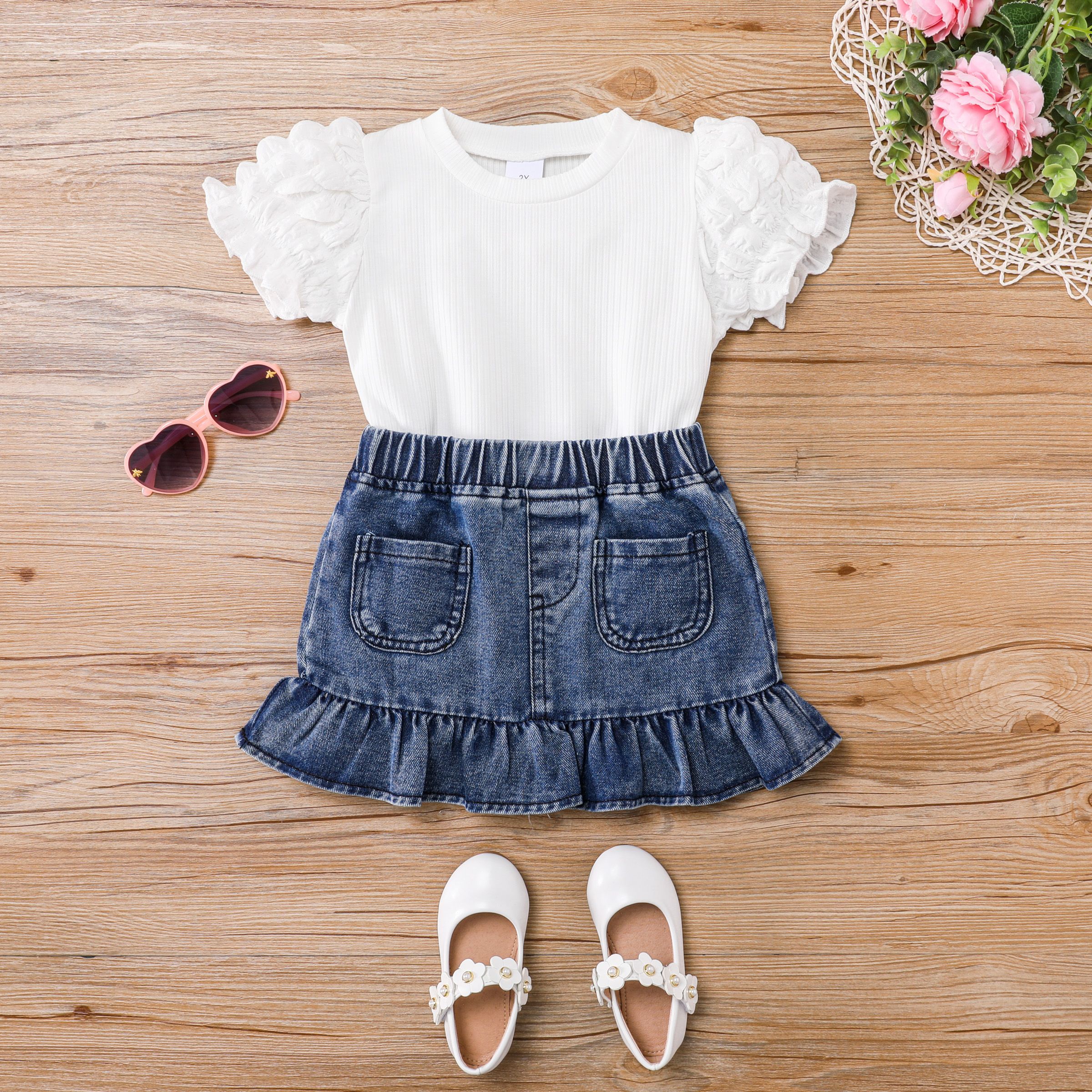 2PCS Toddler Girl  Sweet Puff Sleeve T-shirt And Denim Skirt Dress Set