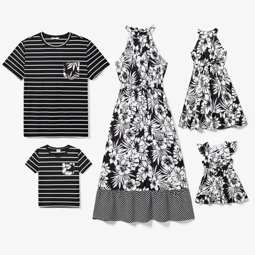 Conjuntos de camiseta de rayas a juego de la familia y conjuntos de vestido con dobladillo de volantes florales halter de cuello alto