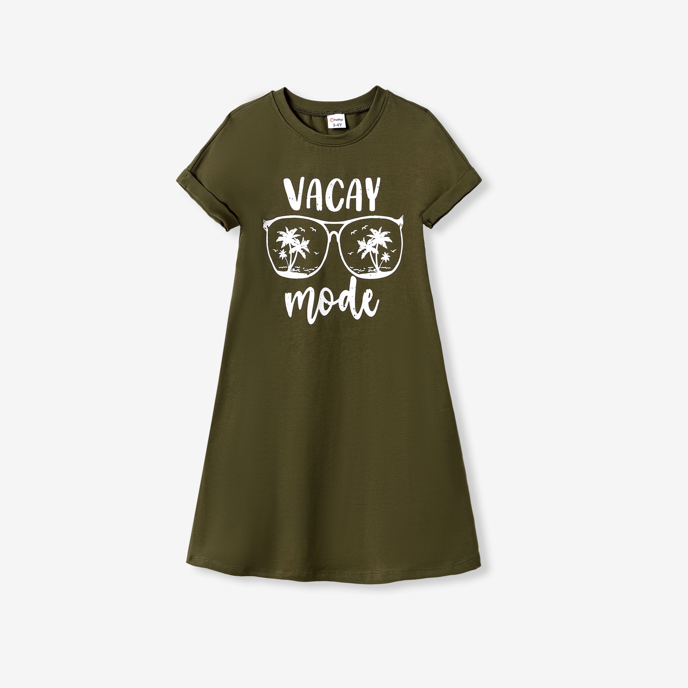 Family Matching Allover Printed T-Shirt And Army Green Glasses Pattern T-Shirt Dress With Pockets Sets
