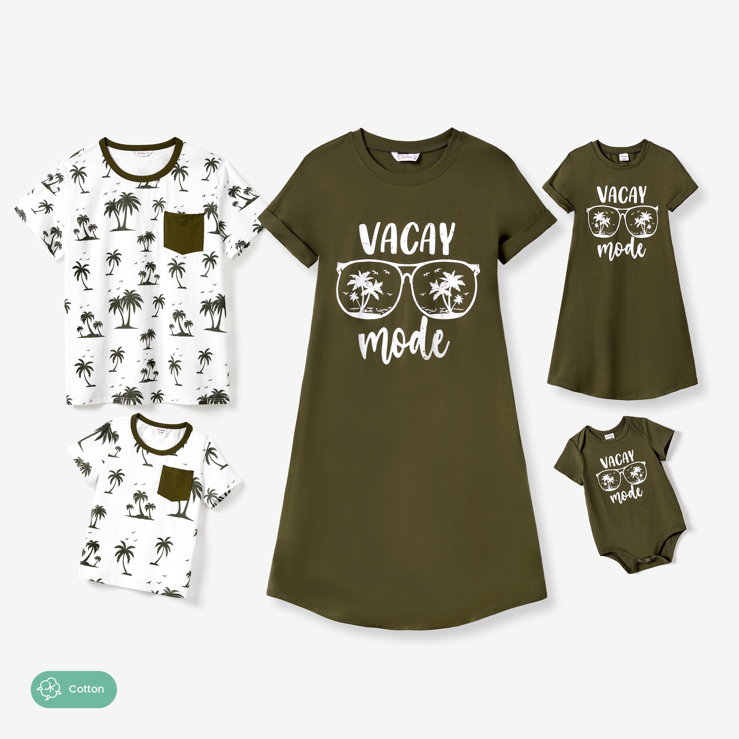 Family Matching Allover Printed T-Shirt And Army Green Glasses Pattern T-Shirt Dress With Pockets Sets