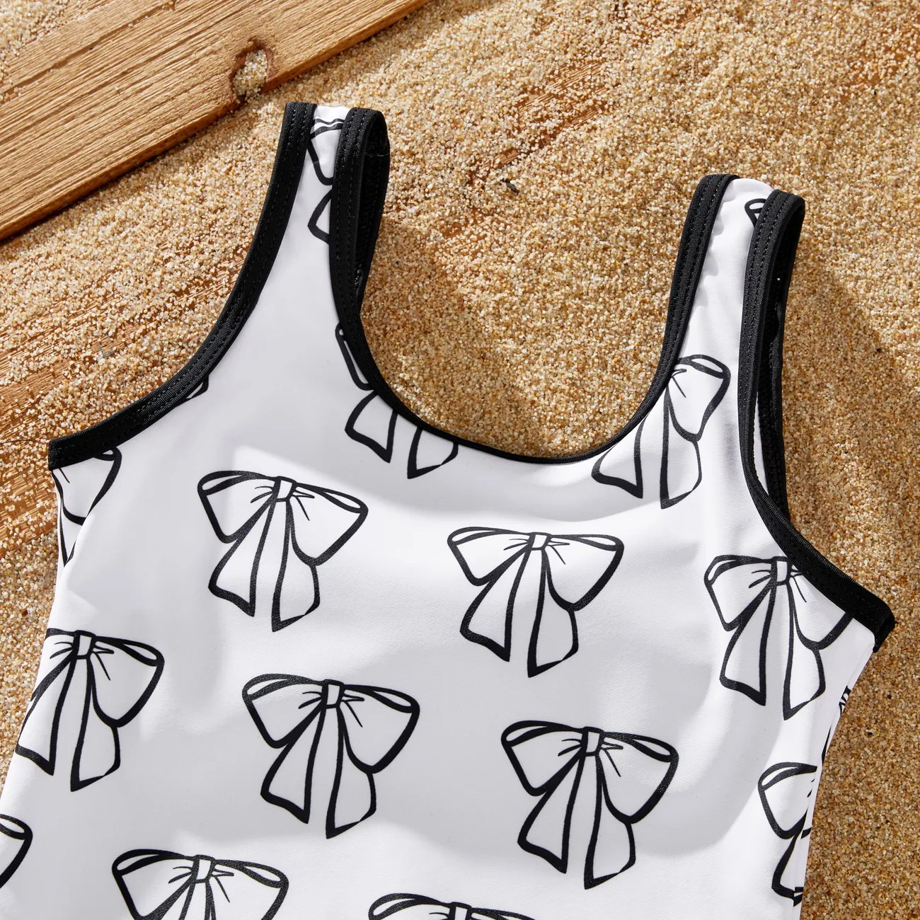 Family Matching Letter Printed Drawstring Swim Trunks or Bow Pattern Strap Swimsuit White big image 1