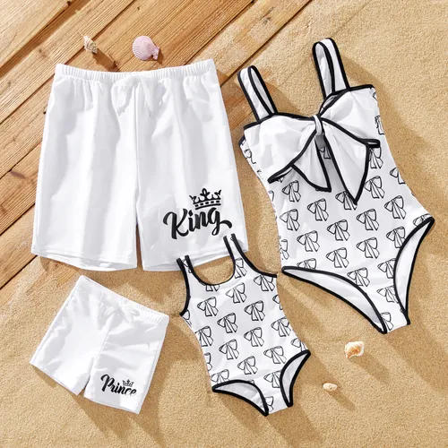 Family Matching Letter Printed Drawstring Swim Trunks or Bow Pattern Strap Swimsuit