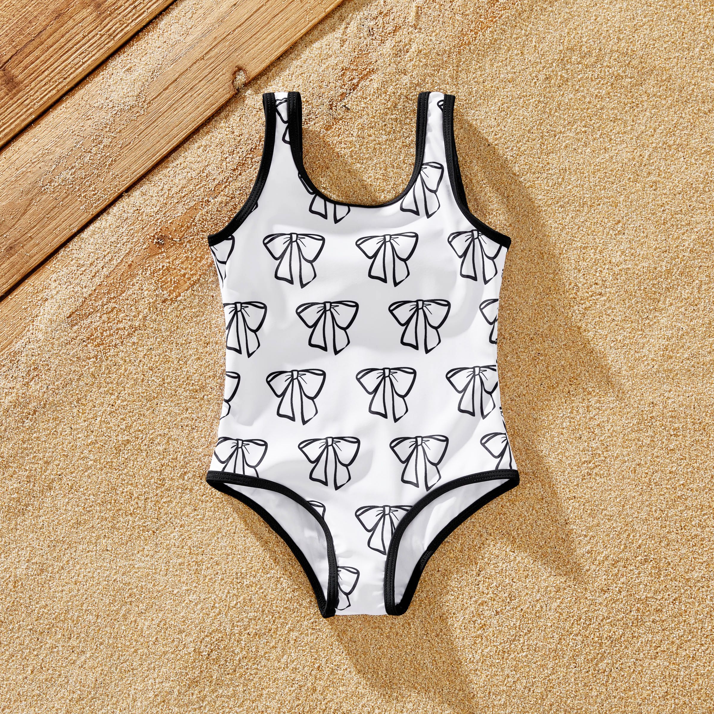Family Matching Letter Printed Drawstring Swim Trunks Or Bow Pattern Strap Swimsuit