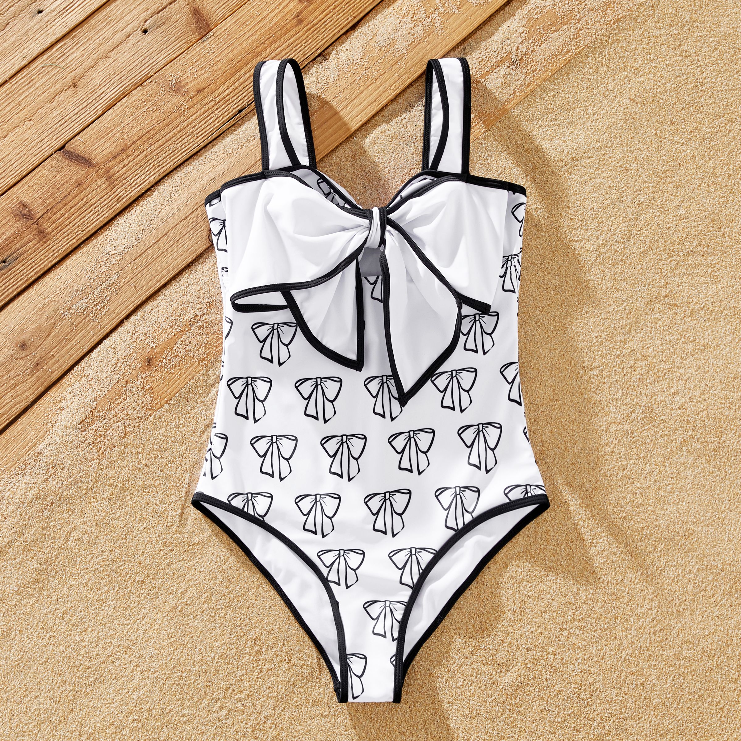 Family Matching Letter Printed Drawstring Swim Trunks Or Bow Pattern Strap Swimsuit