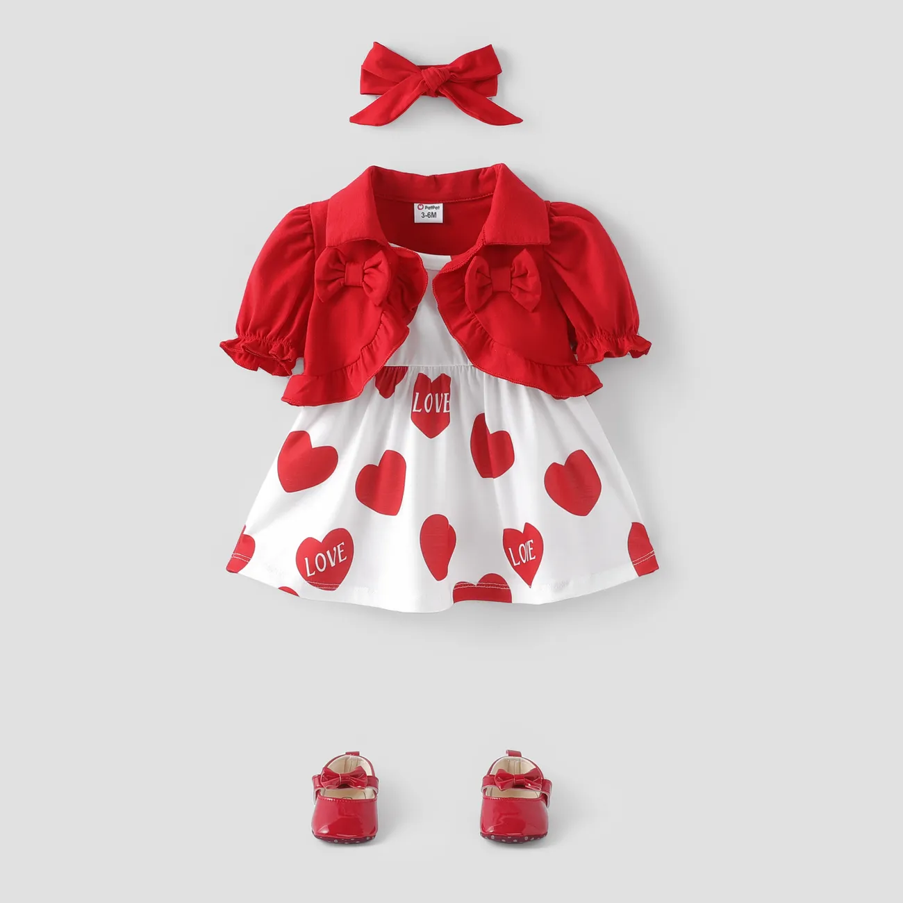 Baby Girl 3pcs Ruffled Cardigan and Heart-shaped Print Dress with headband REDWHITE big image 1