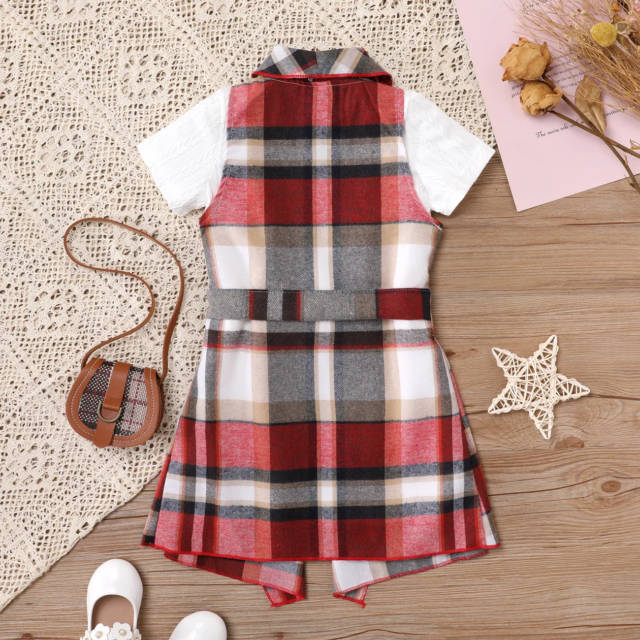 2pcs Toddler Girl Short-sleeve Tee and Asymmetrical Grid Dress Set  Red big image 1