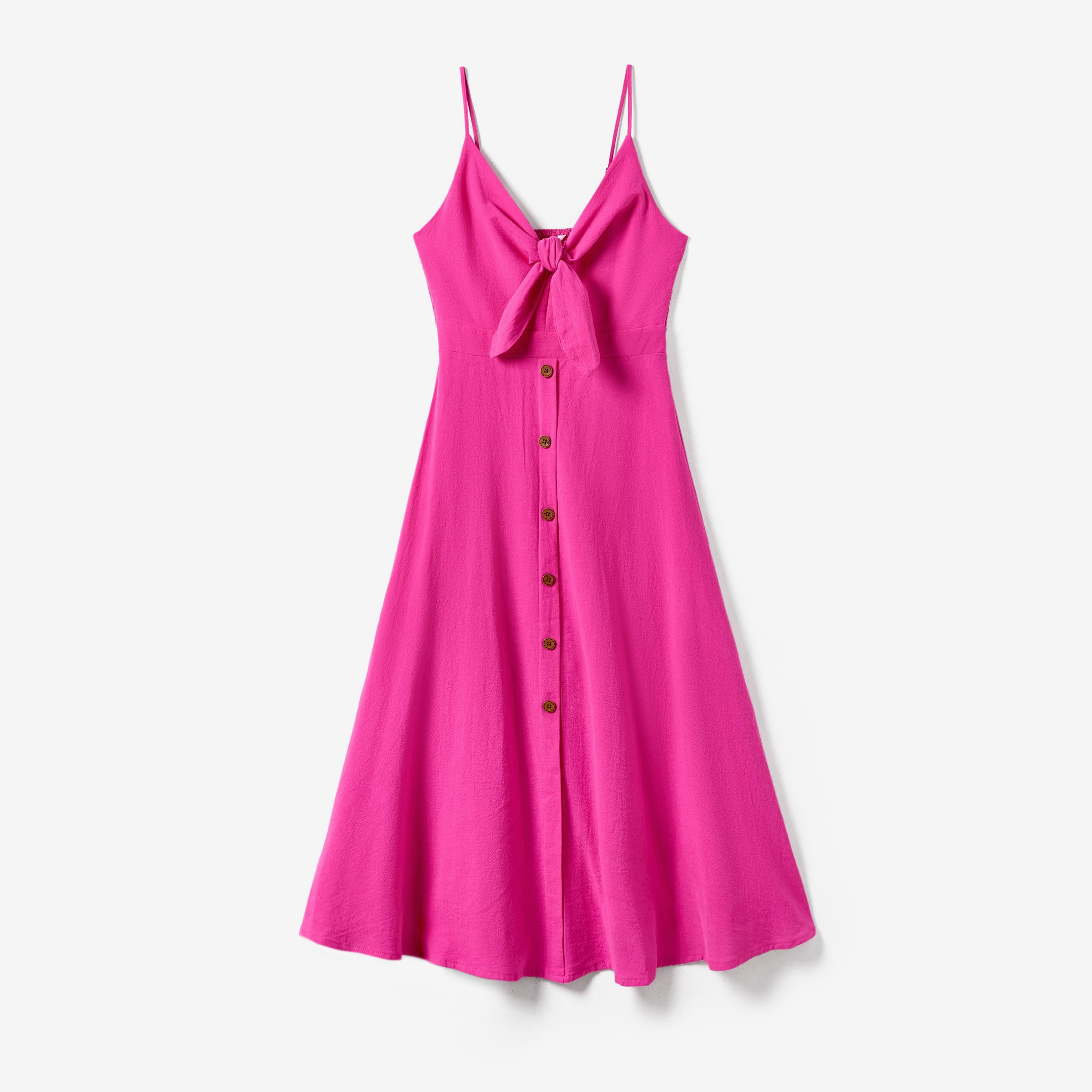 Family Matching Colorblock T-shirt And Hot Pink Button Neck-Tie Strap Dress Sets