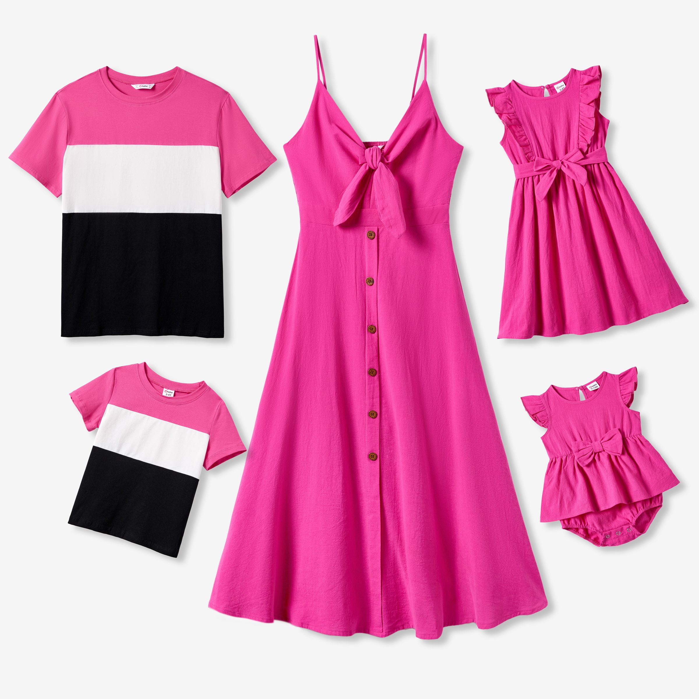 Famille Assortie Colorblock T-shirt Et Hot Pink Bouton Cravate Bretelles Ensembles De Robe