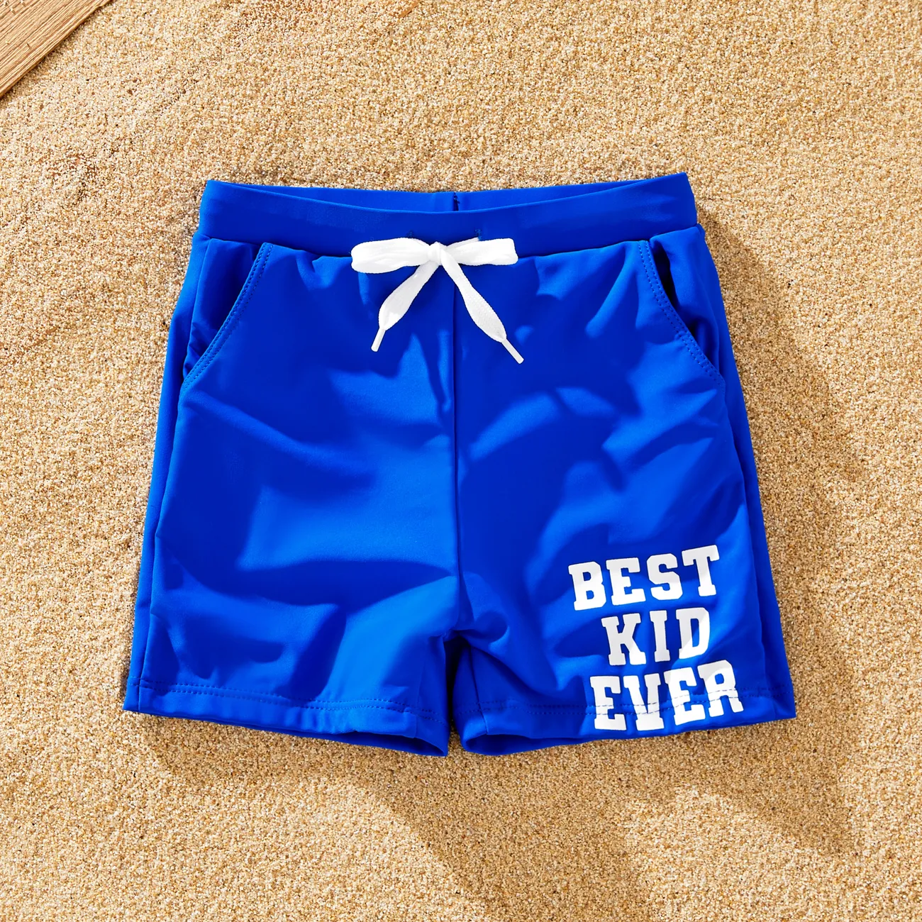 Family Matching Ruffle One-Shoulder Detachable Strap Asymmetrical Swimsuit or Letter Printed Drawstring Swim Trunks Blue- big image 1