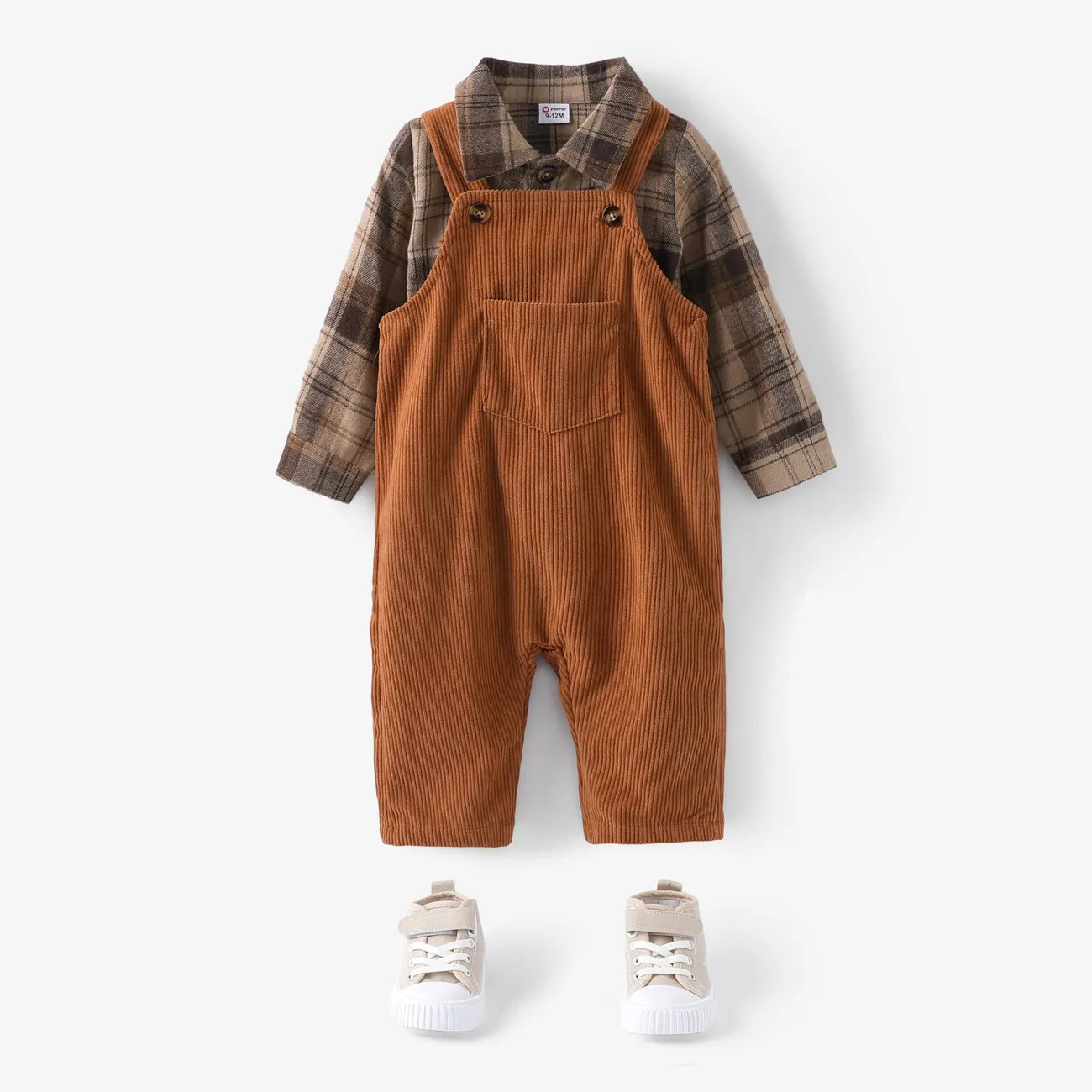 2pcs Baby Boy Buttons Front Plaid Long-sleeve Shirt and Pocket Ribbed Solid Overalls Set Brown big image 1