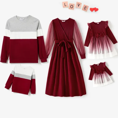 Valentine's Day Family Matching Color-block Tops and Flutter Mesh Dresses Sets