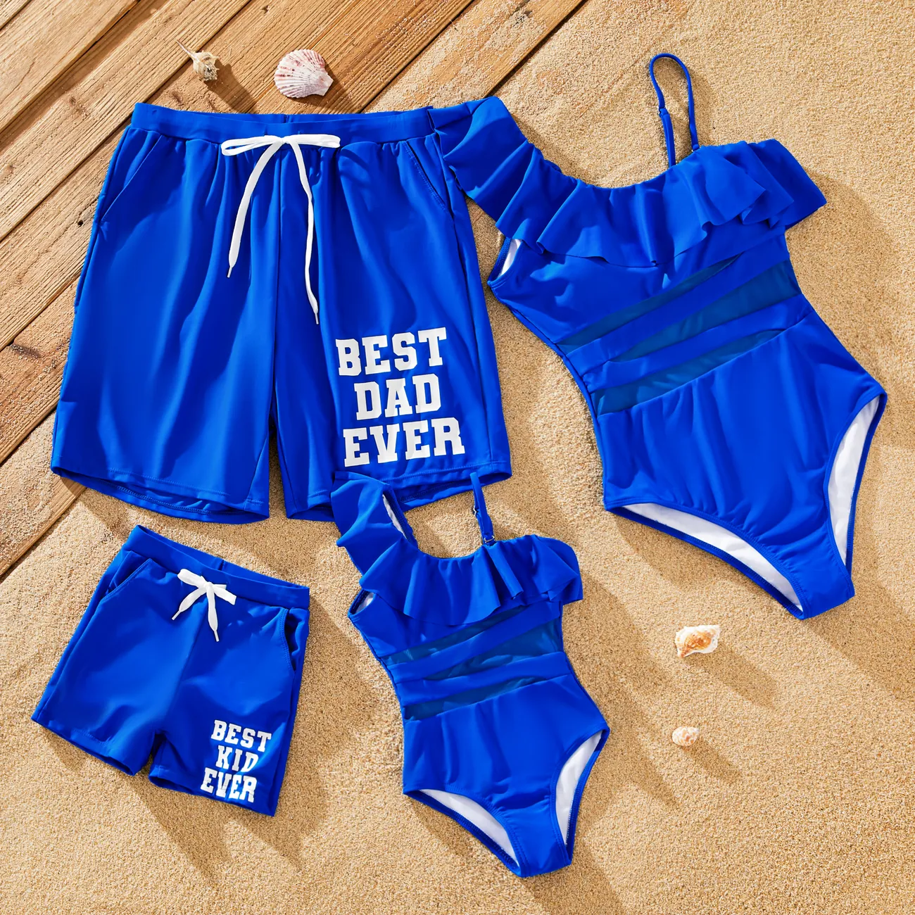 Family Matching Ruffle One-Shoulder Detachable Strap Asymmetrical Swimsuit or Letter Printed Drawstring Swim Trunks Blue- big image 1