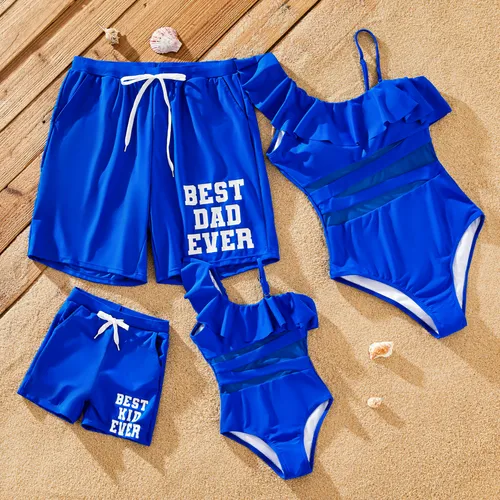 Family Matching Ruffle One-Shoulder Detachable Strap Asymmetrical Swimsuit or Letter Printed Drawstring Swim Trunks