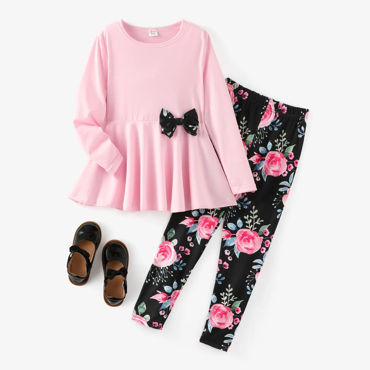 2pcs Kid Girl Bowknot Design Long-sleeve Tee and Floral Print Leggings Set Pink big image 1