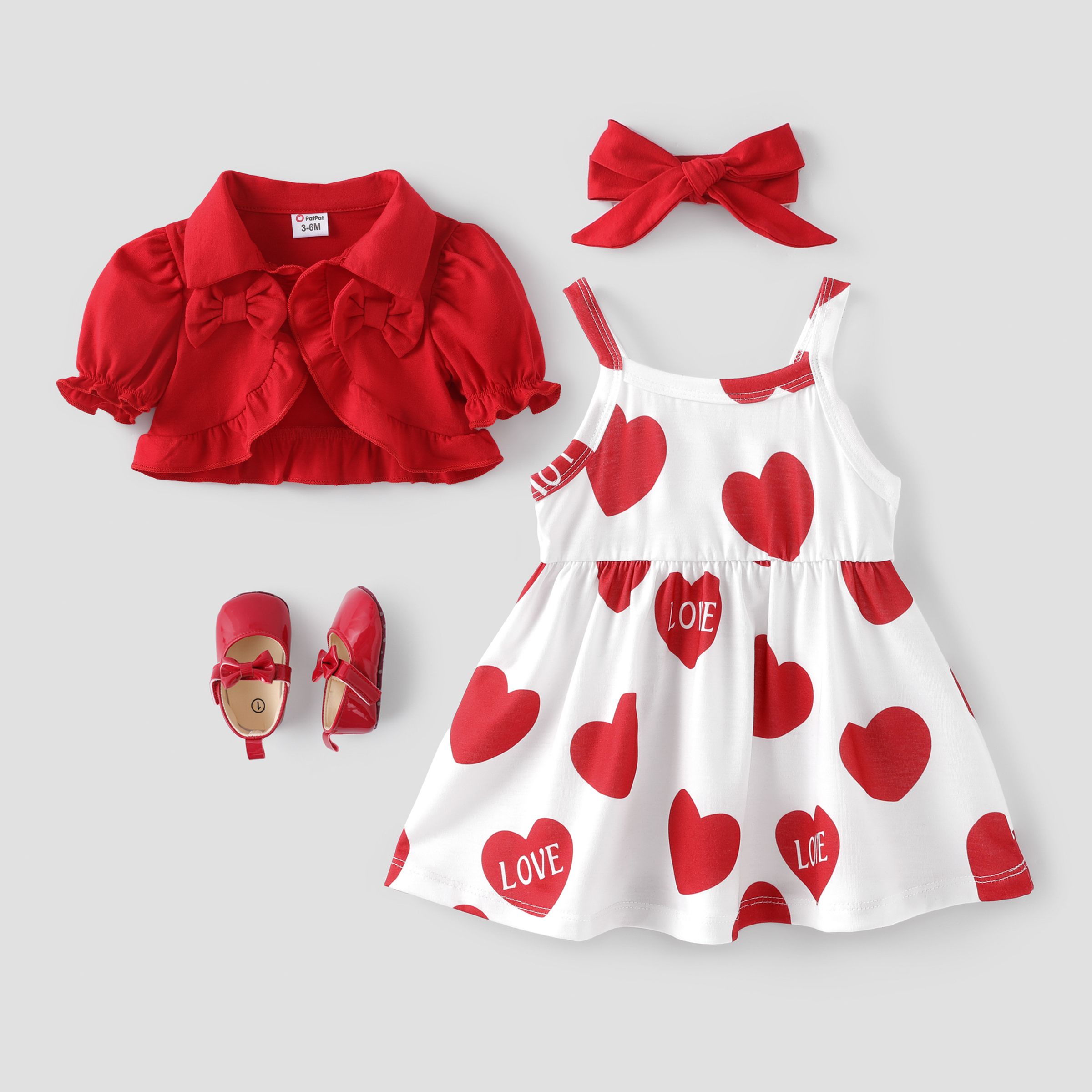 Baby Girl Valentine's Day 3pcs Ruffled Cardigan And Heart-shaped Print Dress With Headband