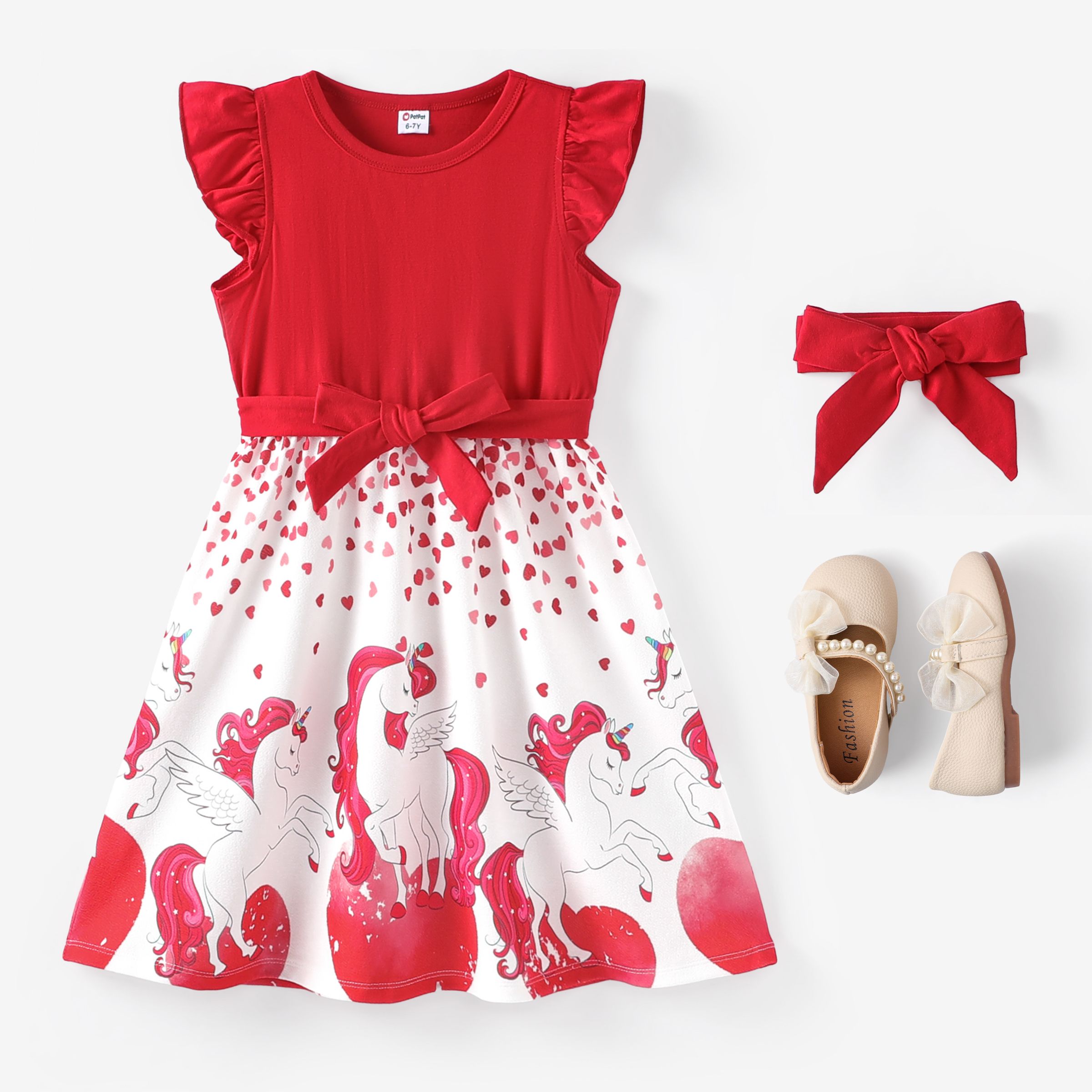 

Kid Girl Valentine's Day 2pcs Unicorn Print Flutter Sleeve Dress with Headband Set/ Leather Shoes