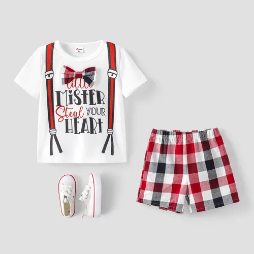 Toddler Boy Valentine's Day 2pcs Letter Print Bowknot Tee and Plaid Shorts Set