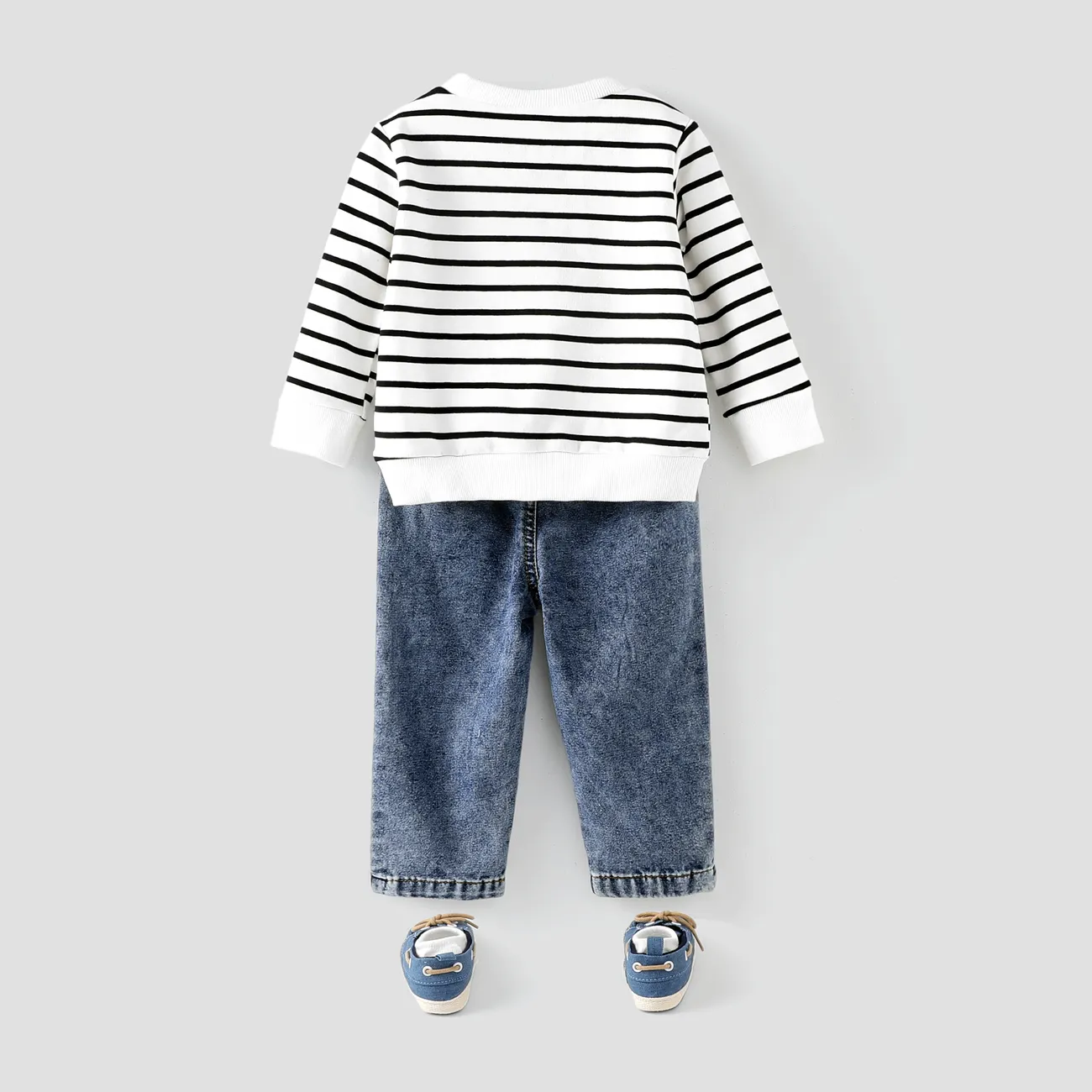 2pcs Baby Boy 95% Cotton Long-sleeve Elephant Embroidered Striped Sweatshirt & Denim Jeans Set DENIMBLUE big image 1