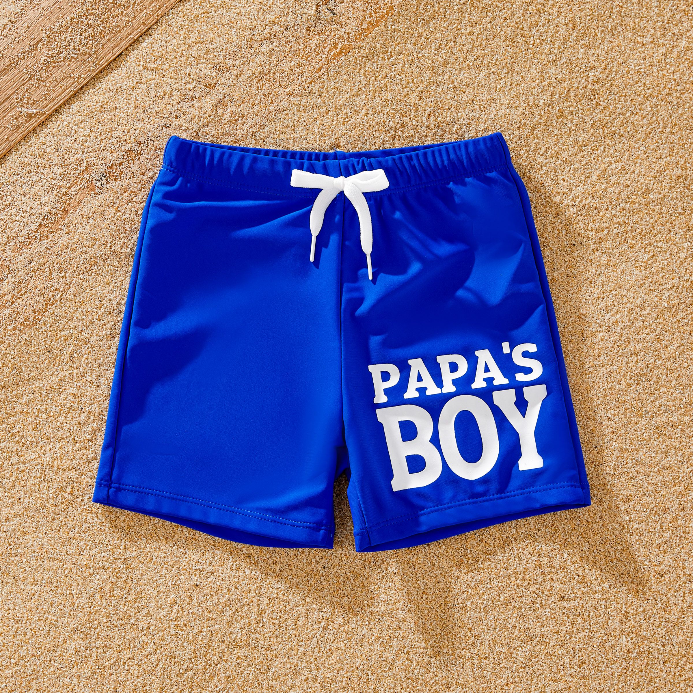 Family Matching Solid Fishnet Spliced One-Piece Swimsuit and Letter Print Swim Trunks Shorts