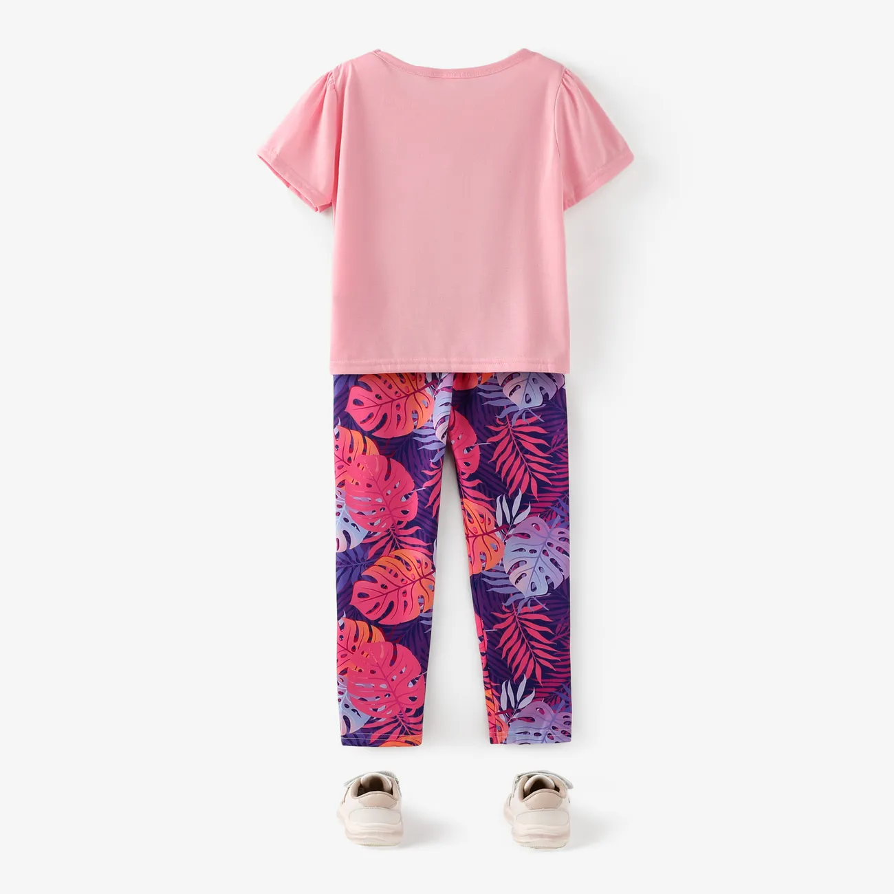 2件 大童 套裝 女 植物花卉 短袖長褲套裝 粉色 big image 1