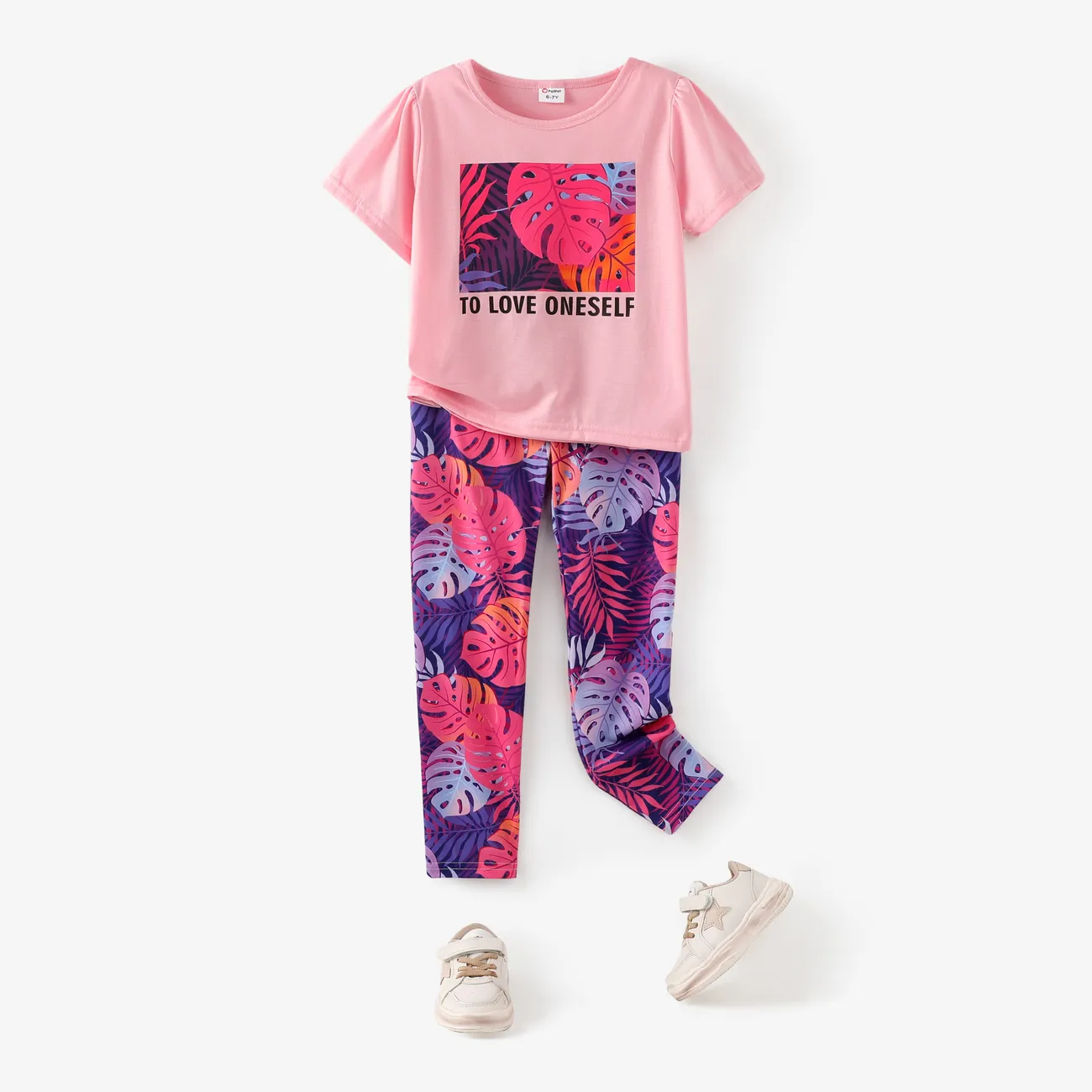 2-piece Kid Girl Letter Leaf Print Tee and Elasticized Leggings Set Pink big image 1