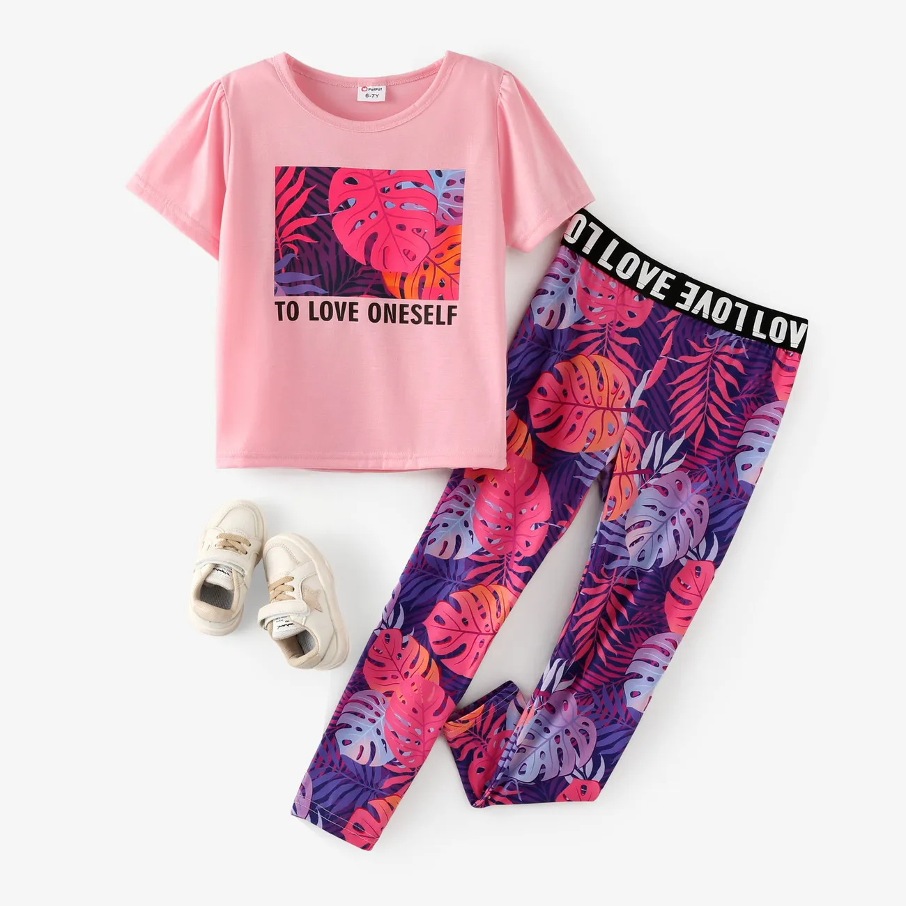 2-piece Kid Girl Letter Leaf Print Tee and Elasticized Leggings Set Pink big image 1