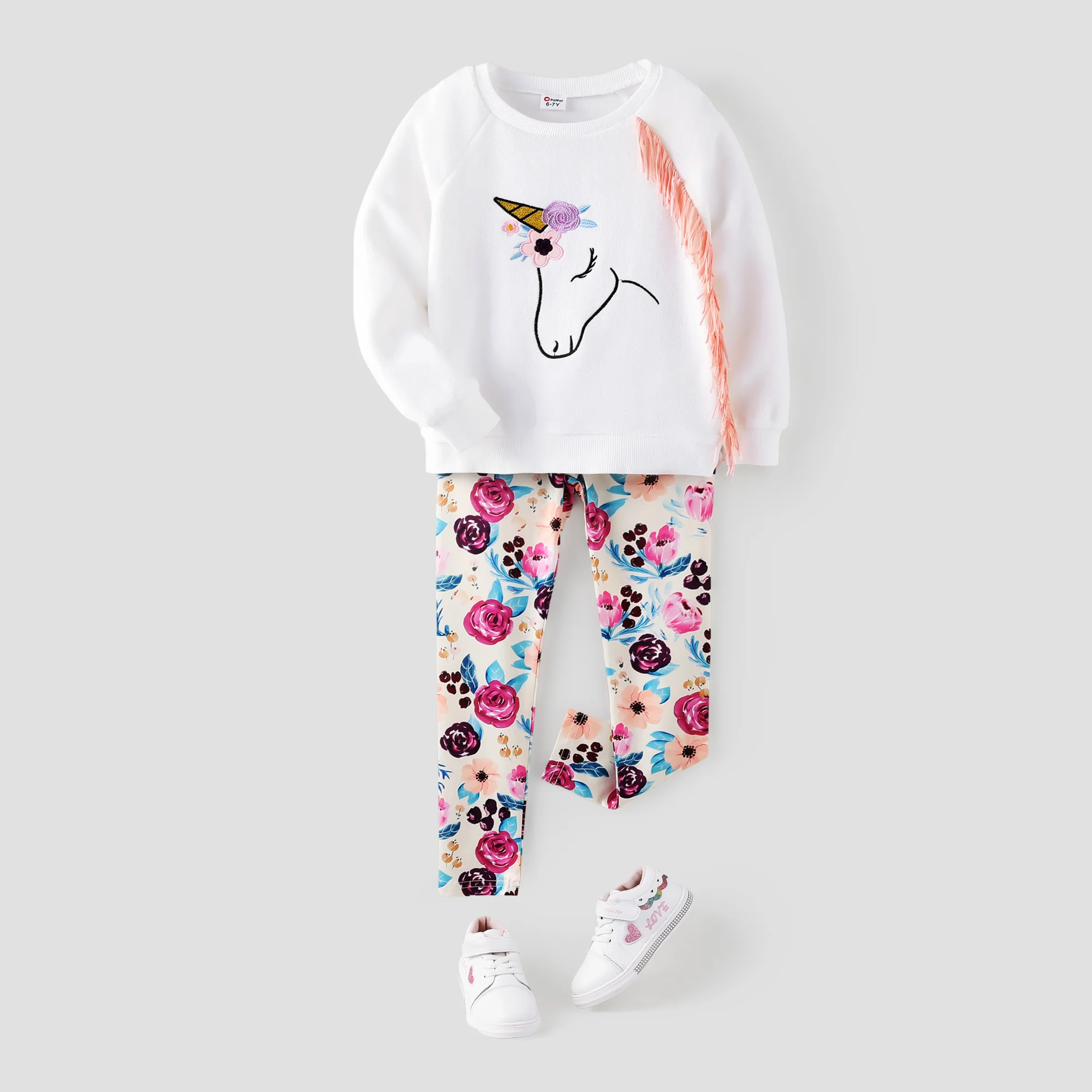 Kid Girl 2pcs Pompon Licorne Imprimé Sweat-shirt Et Motif Floral Leggings Ensemble / Chaussures De Sport