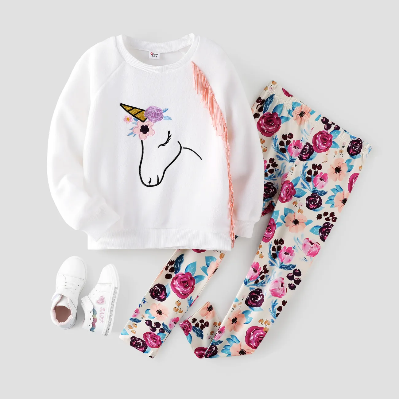 2pcs Kid Girl Animal Unicorn Print Tassel Fleece Sweatshirt and Floral Print Leggings Set White big image 1