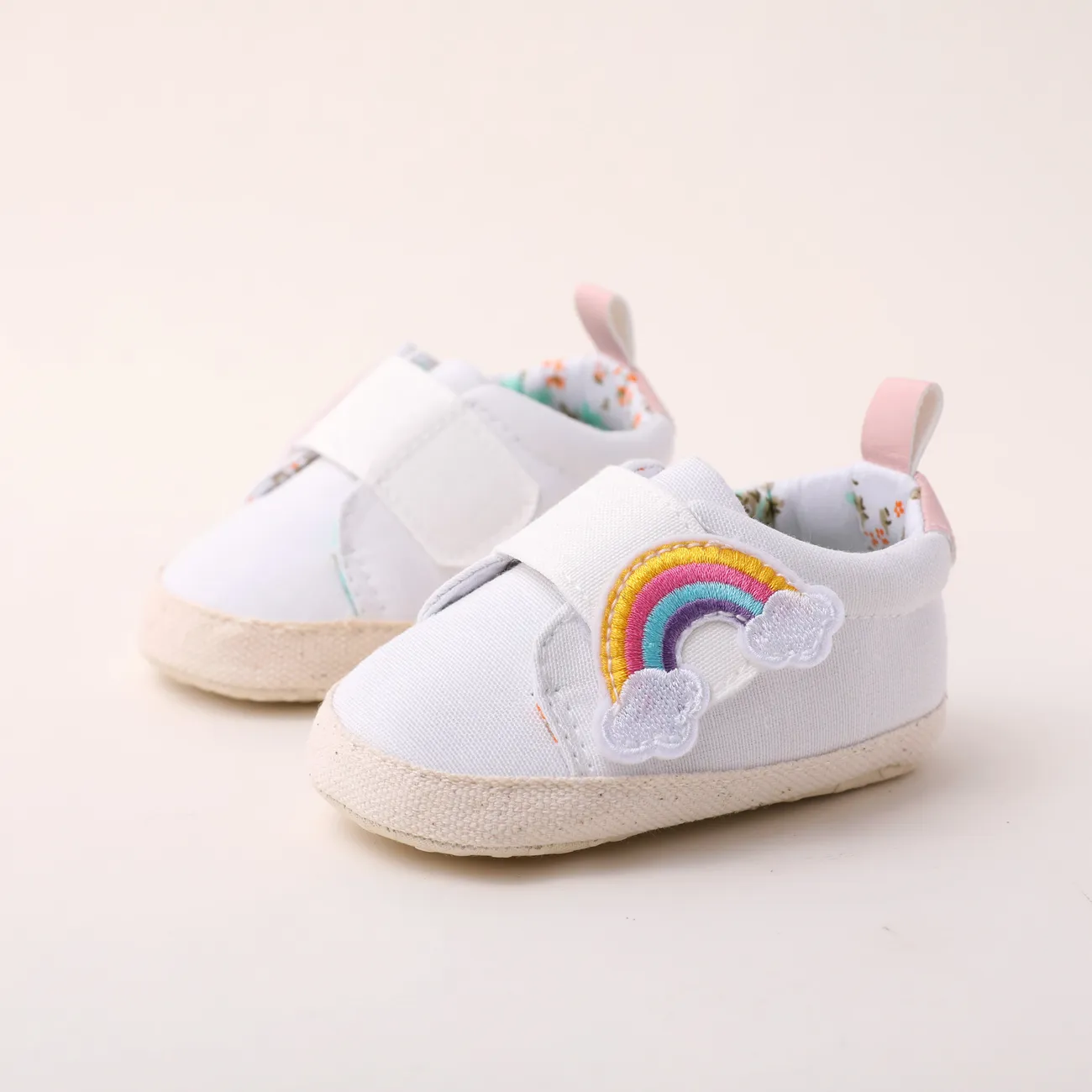 Baby Girl Rainbow Velcro Floral Pattern Fabric Stitching Prewalker Shoes White big image 1