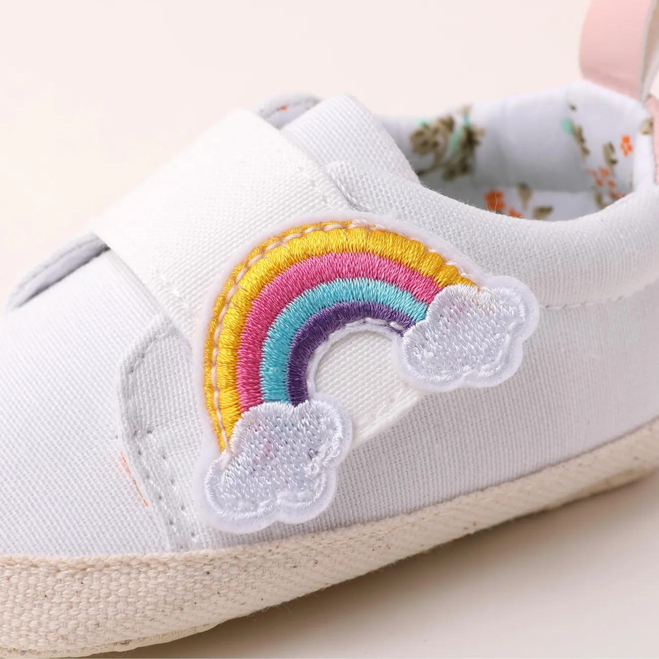 Baby Girl Rainbow Velcro Floral Pattern Fabric Stitching Prewalker Shoes White big image 1
